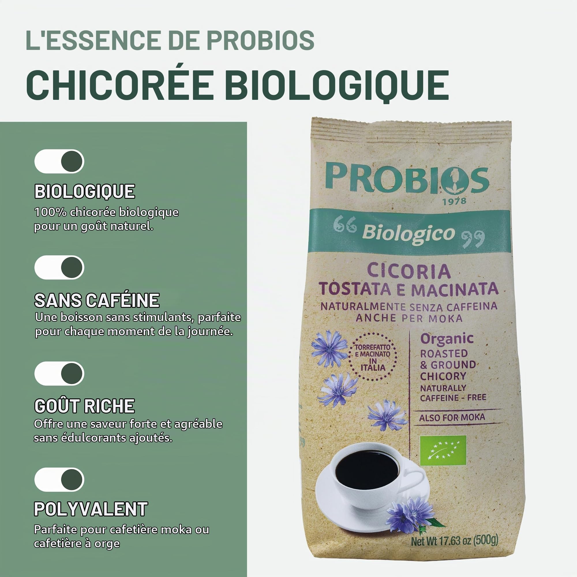 Probios - Chicorée Biologique, torréfiée et moulue en Italie. Cicoria tostata., Pack de 6 x 500g