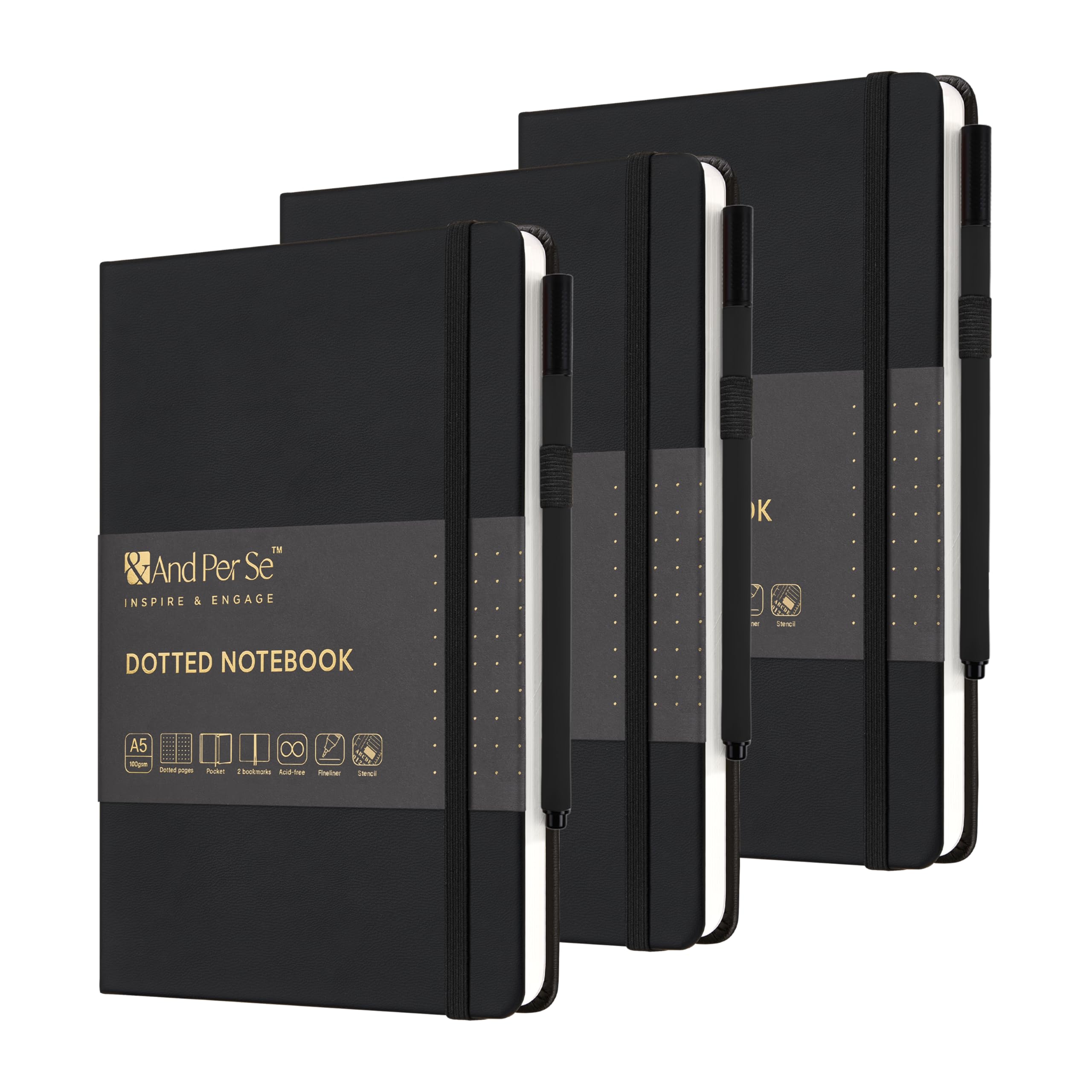&And Per Se Bullet Dotted Journal Notebook Set (3 Packs), A5 Leather Hardcover, 176 Numbered Pages 100GSM Thick Dotted Paper, 2 Sheets of Stencils Included - 5.7'' x 8'' (Black)