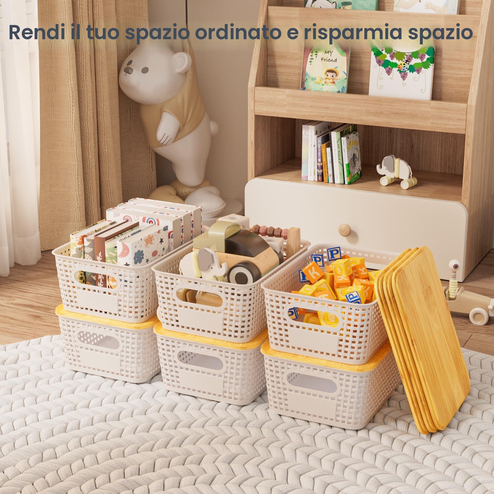 Set di 3 5L Scatole portaoggetti di Plastica con Bambù Coperchio Impilabili Salvaspazio Storage Cestini per Bagno Cucina Armadio Ufficio