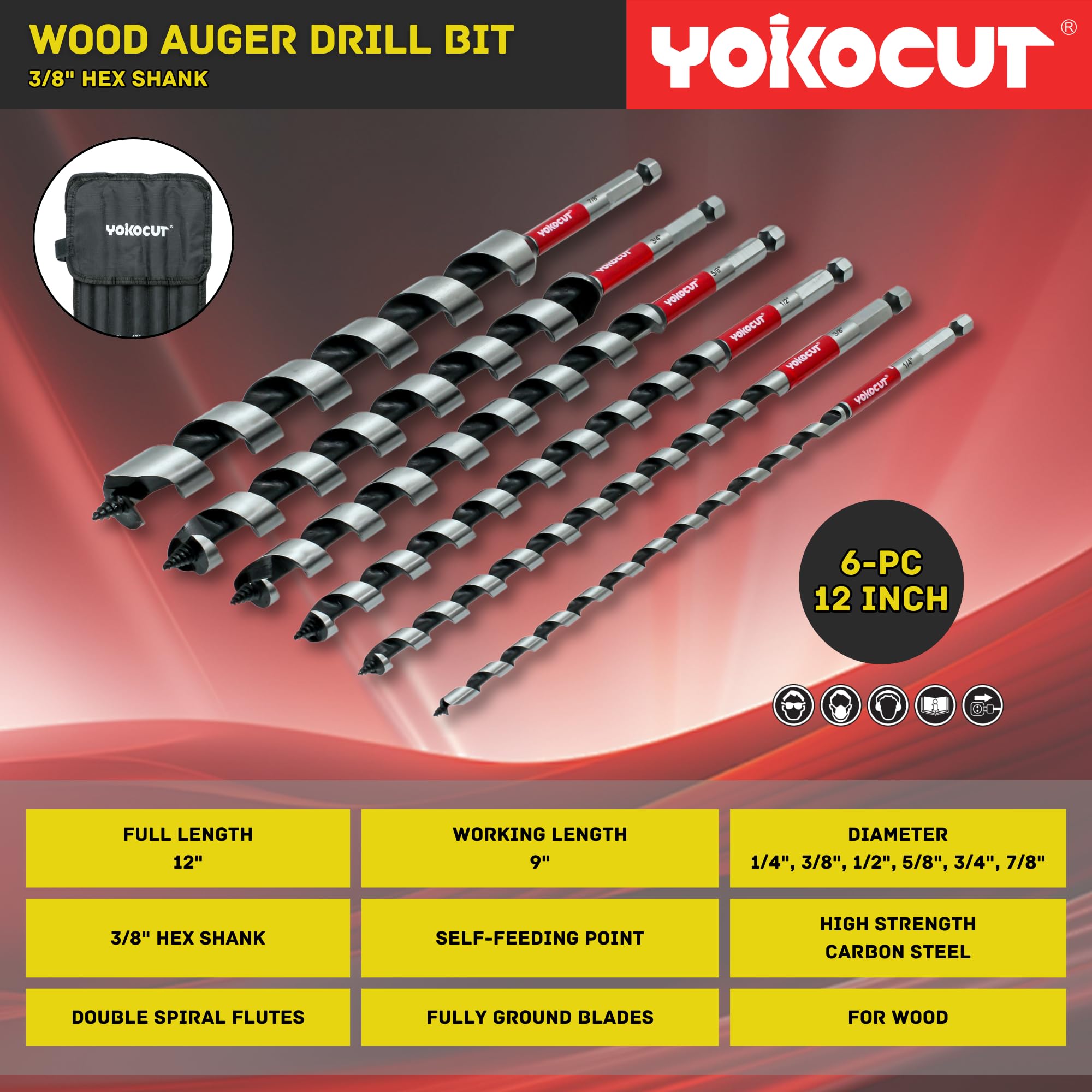Lot de 6 forets hélicoïdaux pour bois, tige hexagonale de 6,3 mm à 2,2 cm, long foret tarière pour bois doux et dur, plastique, cloison sèche, souche d'arbre et matériaux composites
