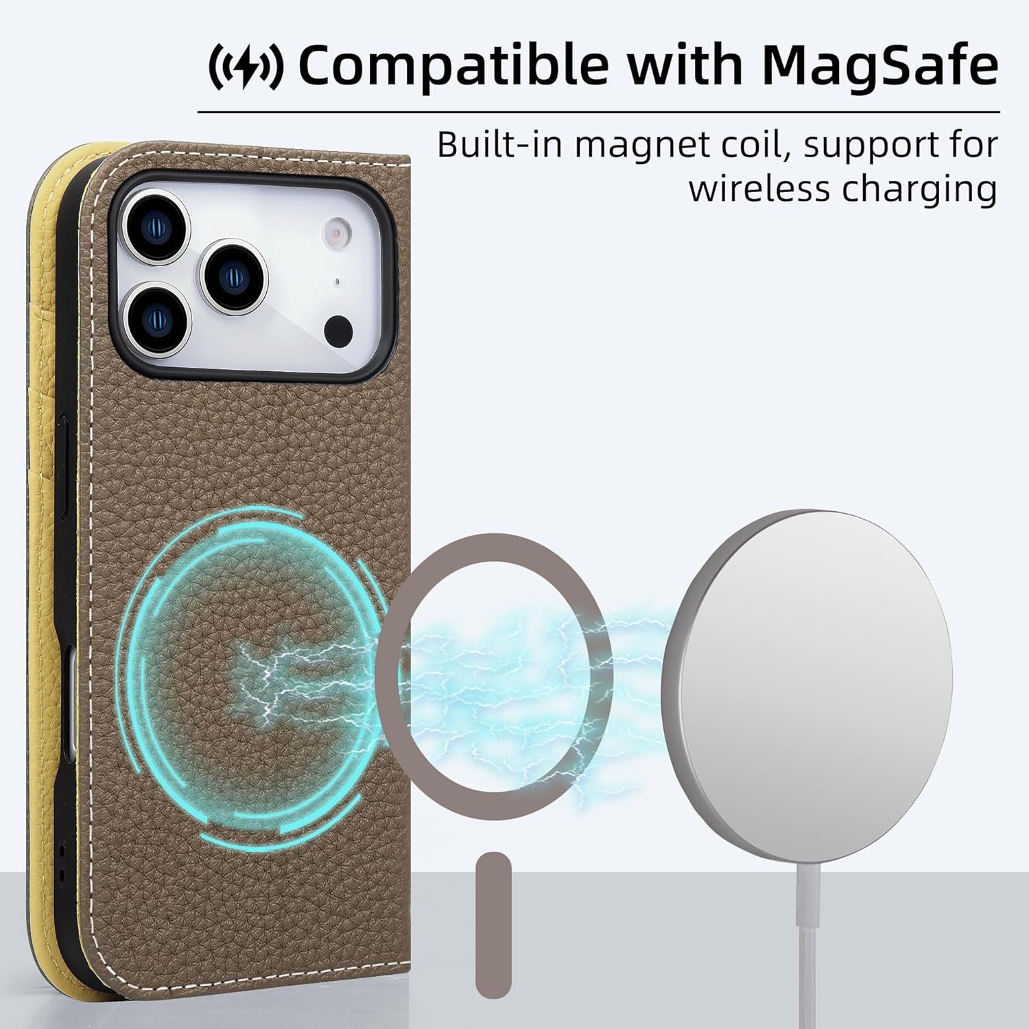 VISOUL Pebbled Leather Wallet Case for iPhone 17 Pro 6.3” 2025, Genuine Leather Flip Folio Cover, RFID Blocking Card Holders, Kickstand, Soft TPU Shell, Protective Flip Cover -T30#Brown+Yellow