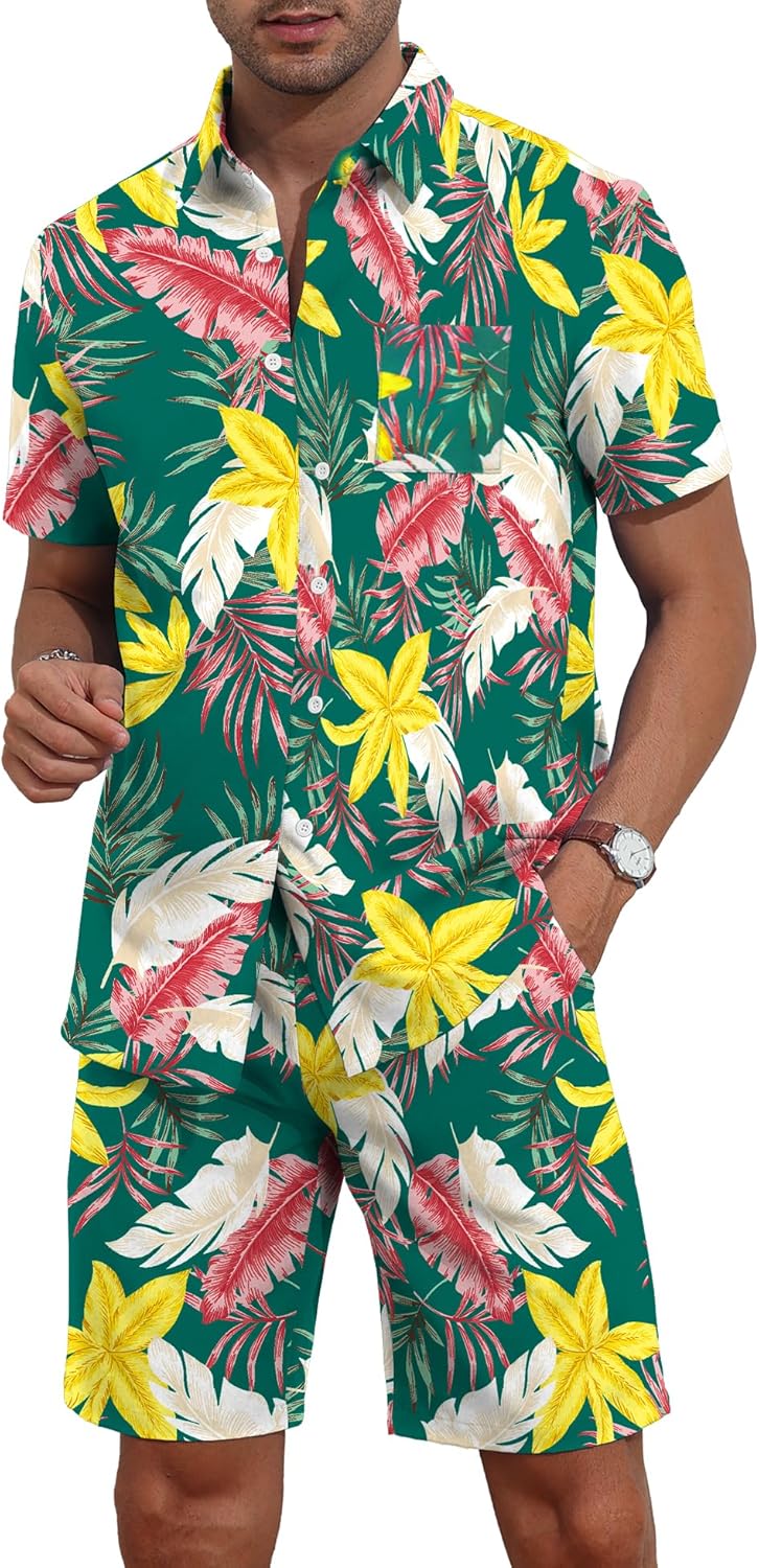 YTD Mens Flower Hawaiian 2 Piece Outfit Sets Short Sleeve Beach Casual Button Down Shirt and Shorts Suits - Image 3