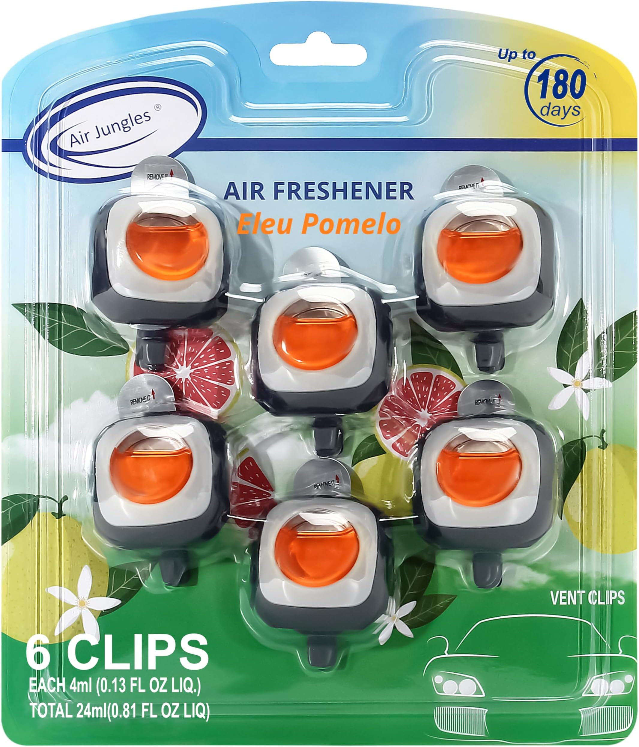 Air Jungles Eleu Pomelo Scent Car Air Freshener Clip, 6 Car Freshener Vent Clips, 4ml Each, Long Lasting Air Freshener for Car, Up to 180 Days Car Refresher Odor Eliminator