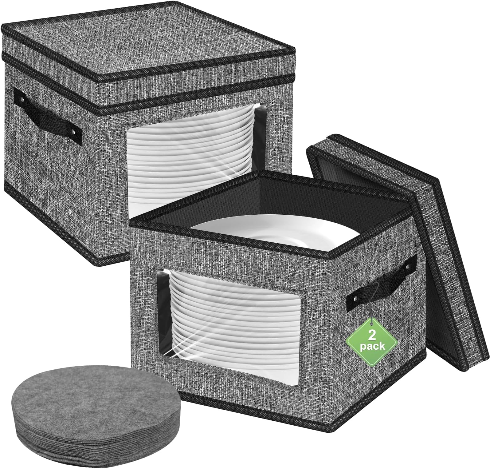 homyfort China Storage Containers With Lid and Handles, Dinnerware Storage Box for Dishes with 12 Felt Dividers, Hold 24 Plates, 12x 12, Set of 2, Grey