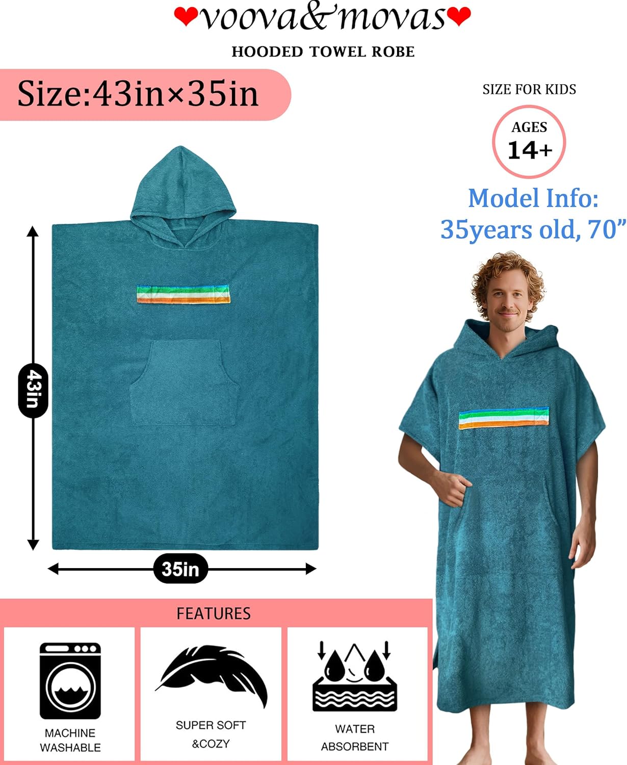VOOVA & MOVAS Hooded Towel Poncho for Adults | Teens(41"X37"),100% Cotton Terry Cloth | Ultra-Absorbent Oversized Hooded Towel with Pocket for Men | Women Cover-Up for Pool, Beach, Bath | Aqua - Image 2