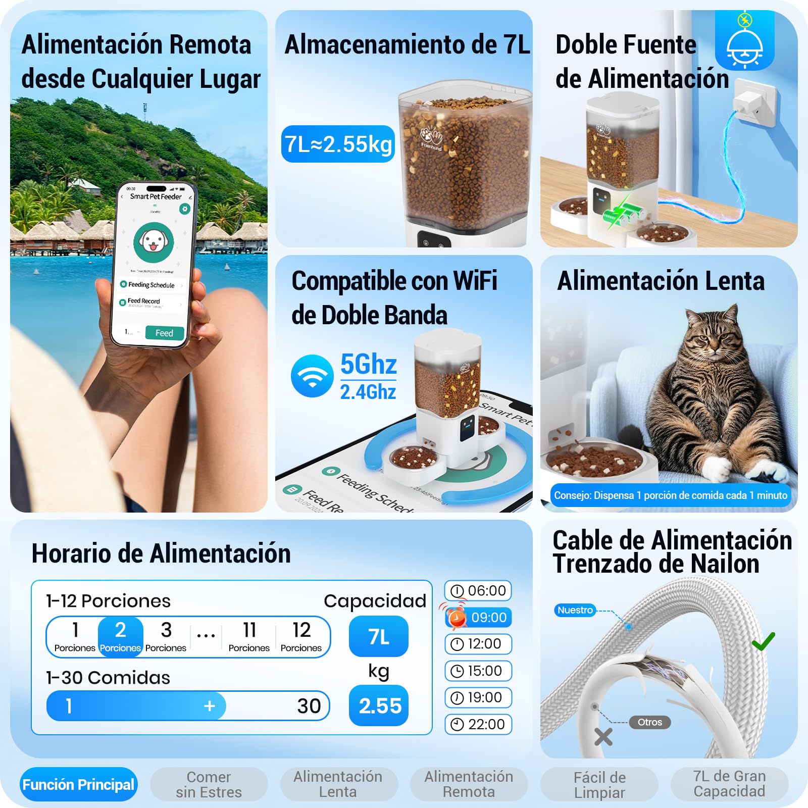 Comedero Gato Automatico Doble WiFi: 5G Dispensador Comida Gatos con Alimentación Lenta y Control por App, Comedero Perro Automatico de 7L para Varias Mascotas, Fácil de Limpiar(ACF190W-C)