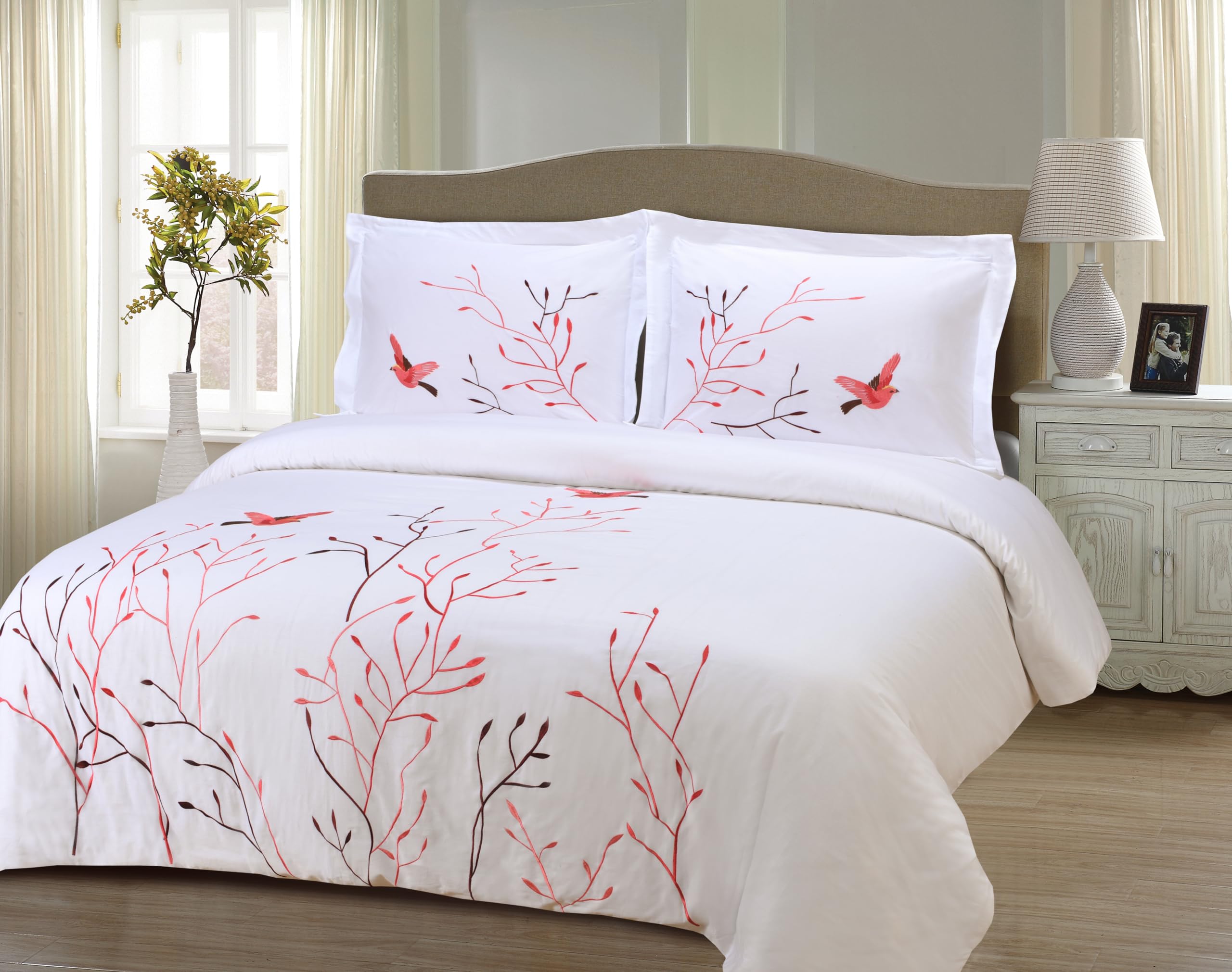 Superior Swallow Cotton 200 Thread Count Duvet Cover Set, Comforter Cover, Bed Essentials, Embroidered Tree with Birds, Includes 1 Duvet Cover- Button Closure, 2 Pillow Shams, Full/Queen, Red Swallow