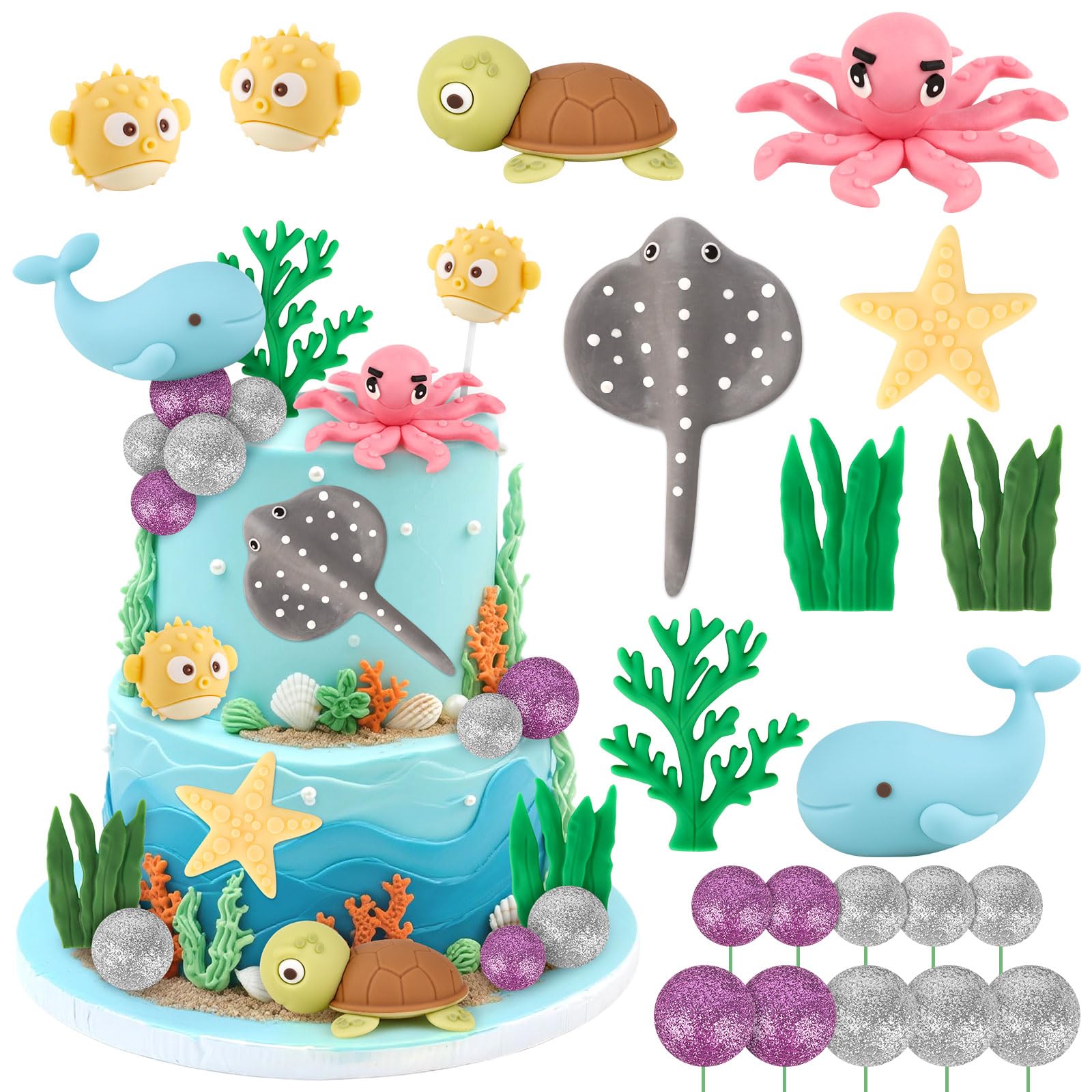 Hooqict 20Pcs Sea Ocean Cake Decorations Set with Mini Octopus, Turtle, Fish, Sealife, Under the Sea Cake Toppers for Underwater World Ocean Animals Theme Baby Shower Birthday Party Decorations โ image 1