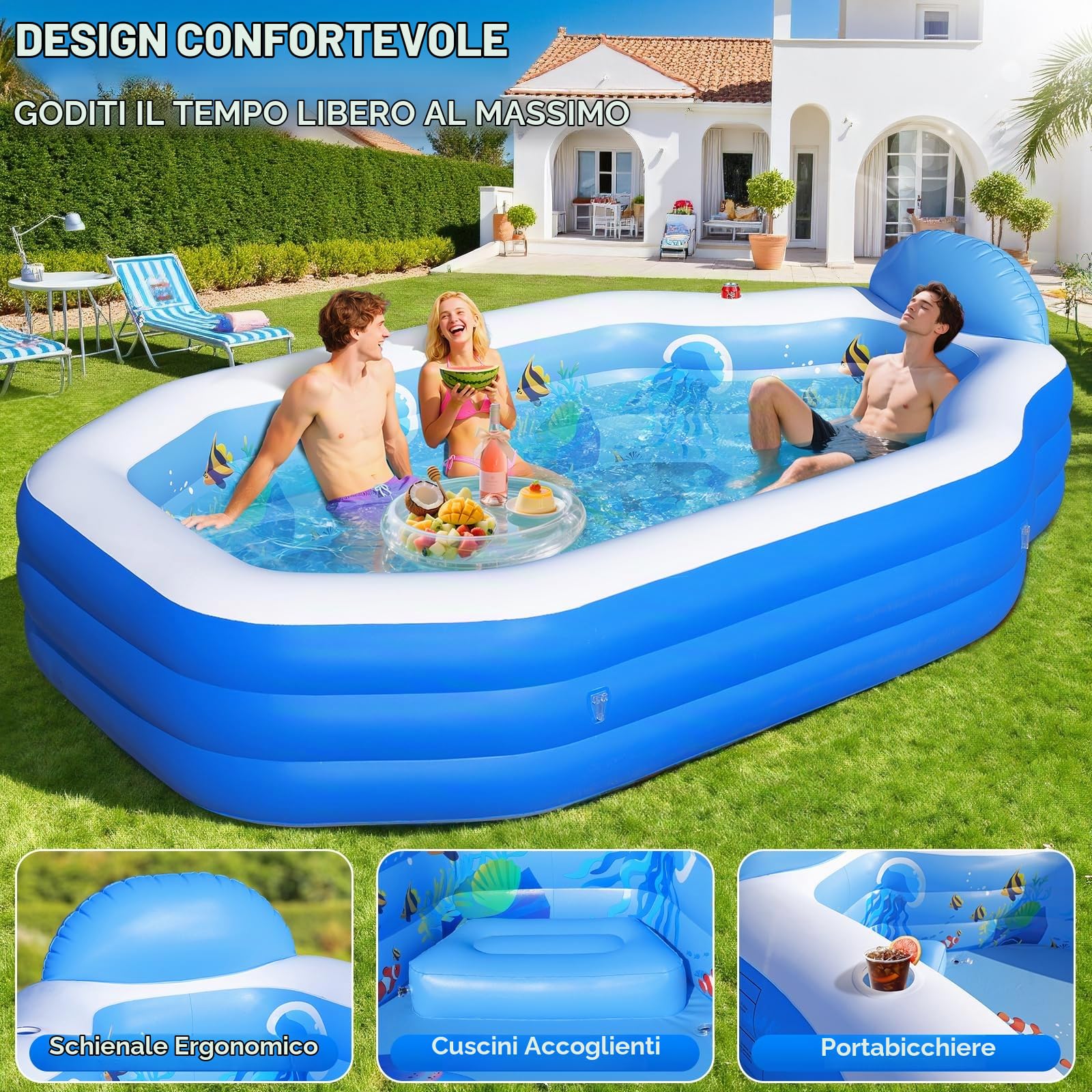 ChlorBlu Piscina Gonfiabile Grande con Tettoia, 300x190x55cm Piscina Gonfiabile per Adulti, Piscine Gonfiabili Familiari Resistenti e Rinforzate con Sedili, Piscina Familiare per Giardino Esterno
