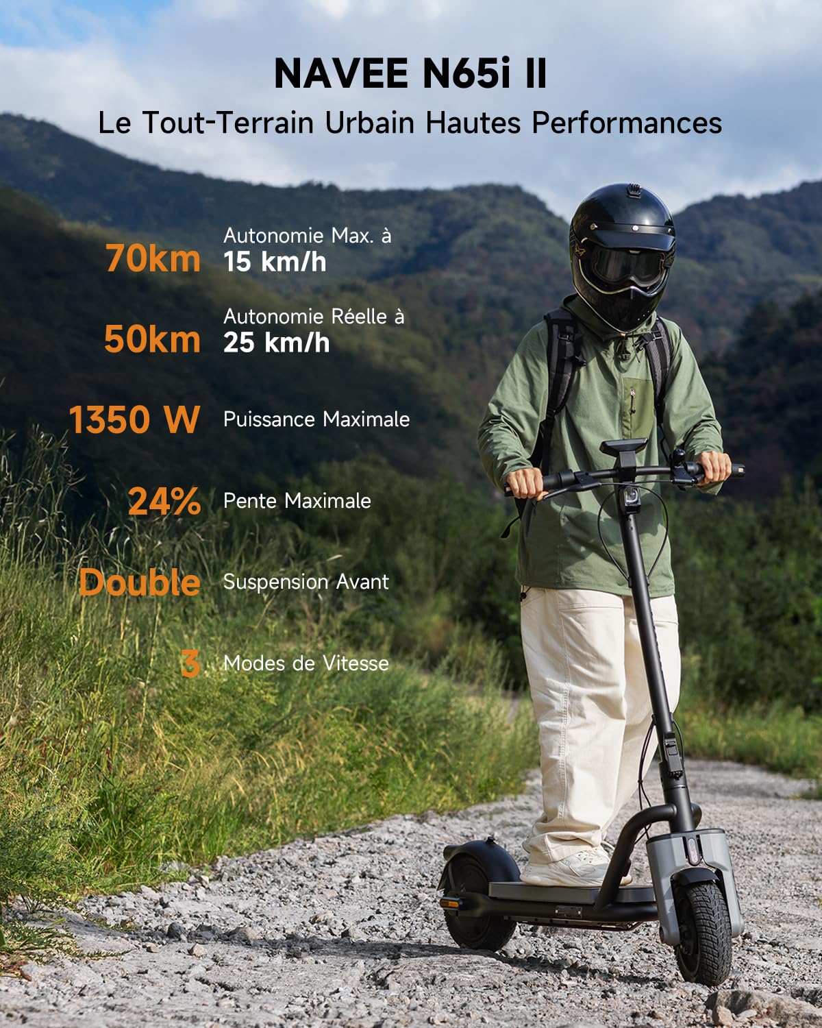 NAVEE N65i II Trottinette Electrique Adulte, 70KM Longue Portée, Moteur 1350W, Trotinette Électrique Pliable, App & Clignotants, Pneus 10,5" Larges, Freins Triples, Charge 150kg, TCS Antipatinage