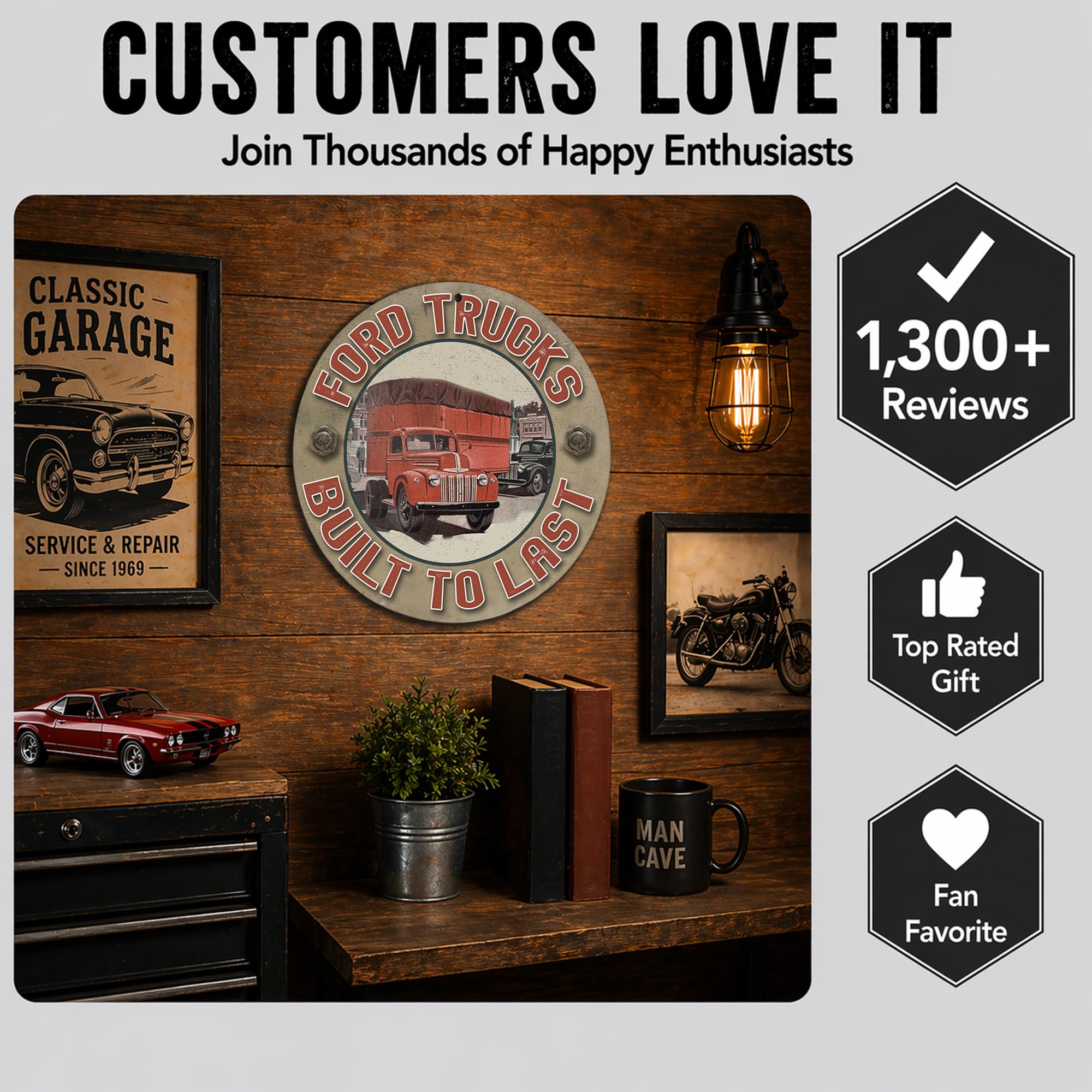 Brotherhood Targa in metallo vintage con riproduzione di cartelli in metallo vintage per garage e casa, diametro 11,75 pollici – Ford Trucks Last to Built