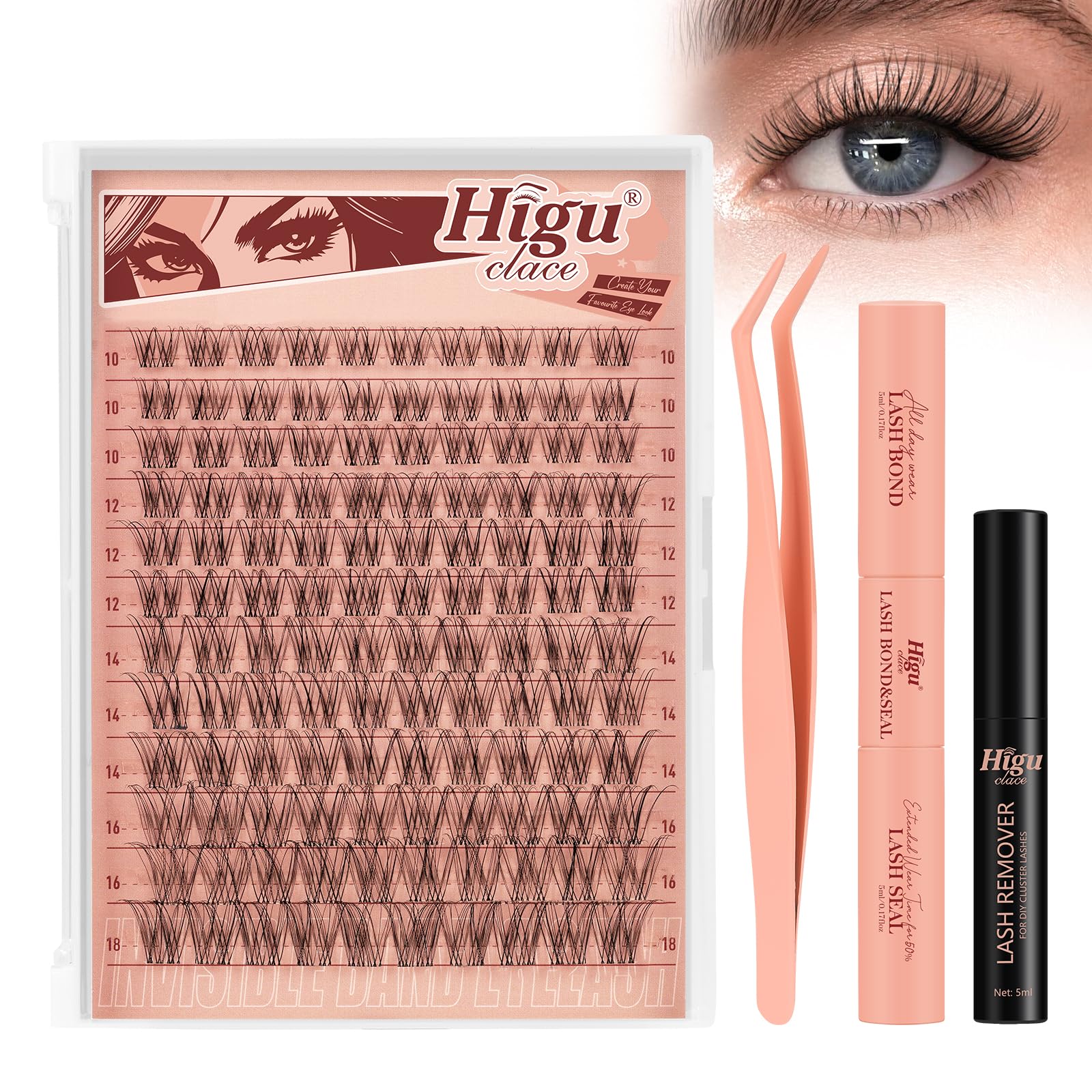 Natural-Cluster-Lashes Kit D curl, Higu clace Wispy Lash Clusters Kit 10-18mm