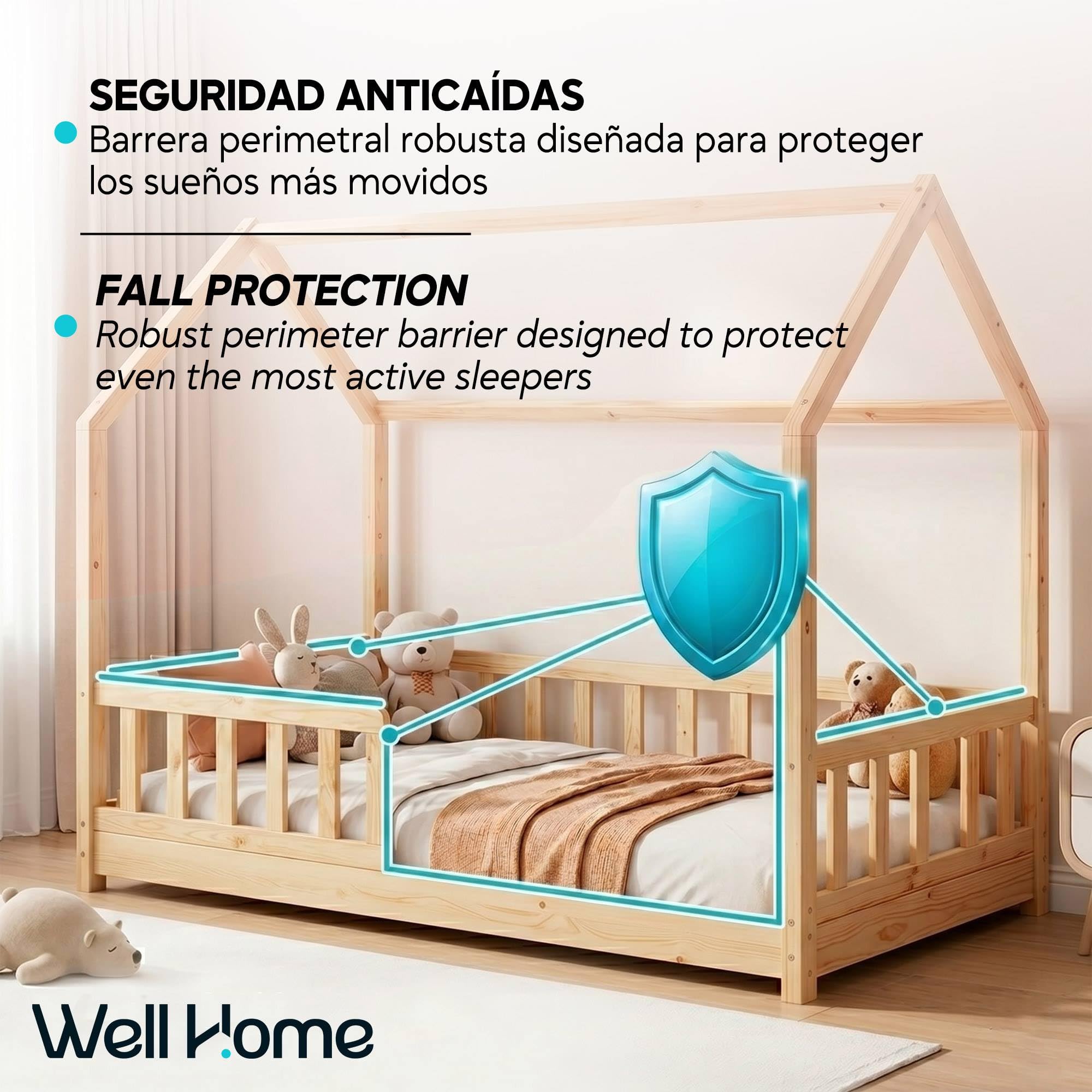 Well Home MOBILIARIO & DECORACIÓN Habitación Infantil: Cama Infantil Modelo cabaña de Pino Madera 90x190cm
