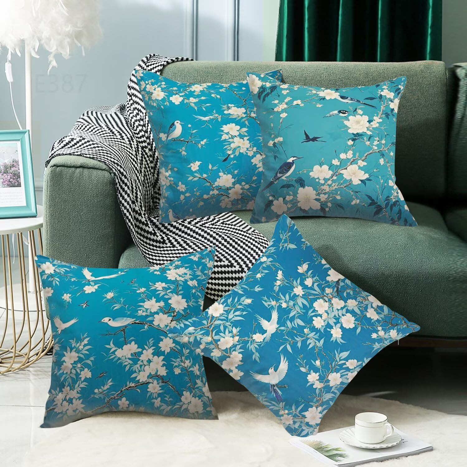 Turchese Federe Cuscini Divano 60x60cm,4 Pack Fiore Estate Esterno Cuscini per Divano,Doppio Lato Quadrato Morbido Cuscini Divano,per Divano Soggiorno Sedia Autunno Dekoration Cuscino,Regali LY-387