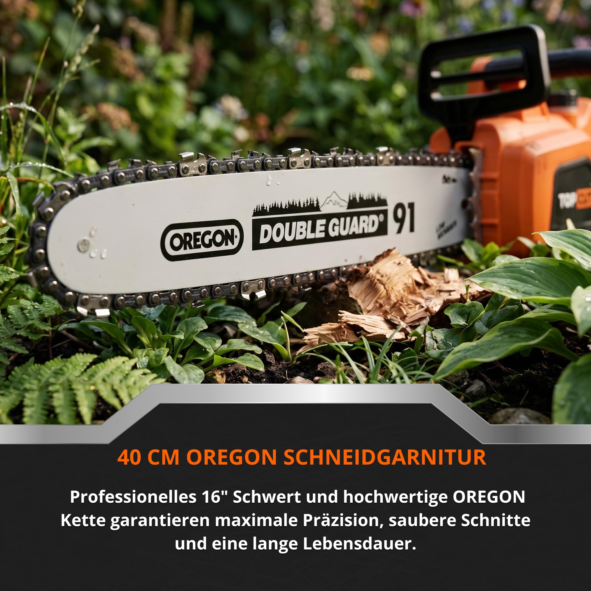 TOP CUT TC-CE-2400-O | Elektro-Kettensäge 2400W | Professionelles OREGON Schwert 40cm (16 Zoll) | Werkzeugloses SDS Kettenspannsystem Automatische Schmierung Kettenbremse 0.09s | Elektrische Säge