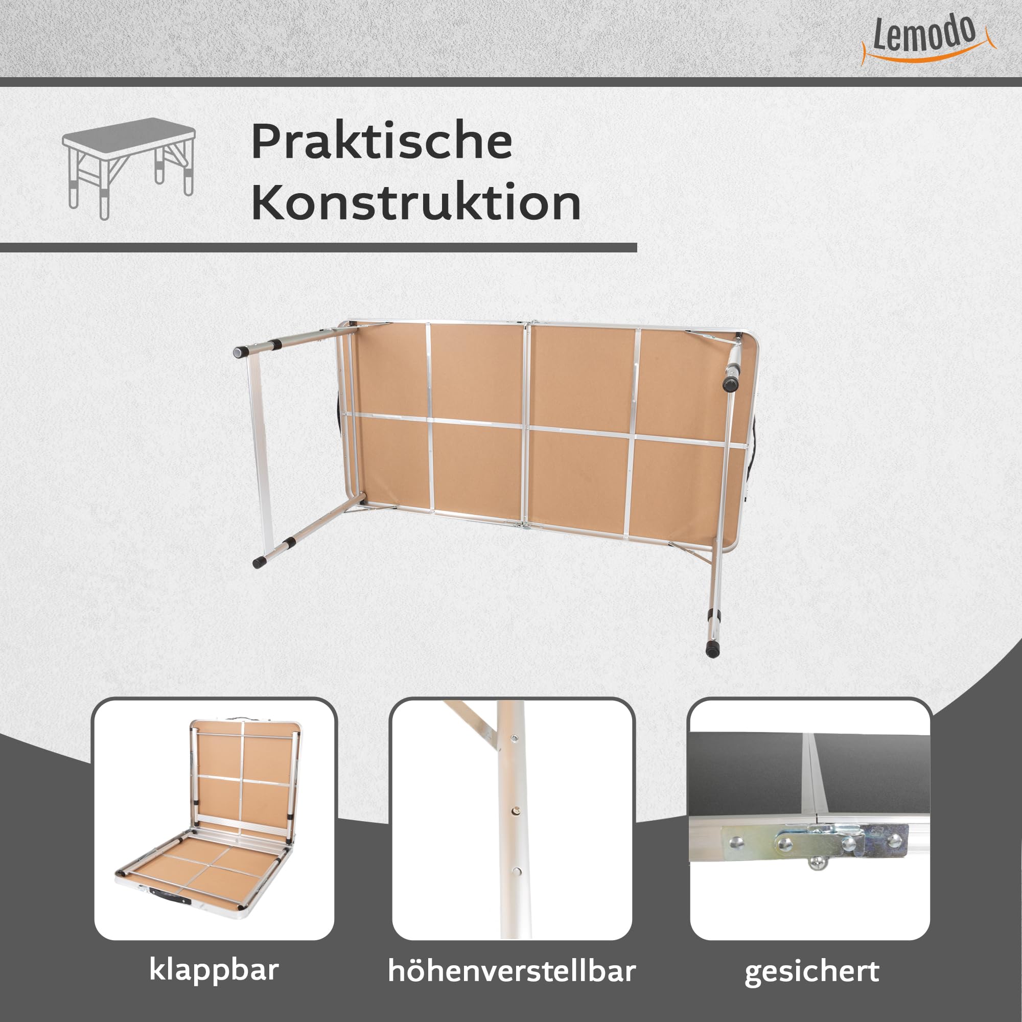 Lemodo Campingtisch schwarz klappbar | Klapptisch 3-Fach höhenverstellbar | Falttisch 120 x 60 cm | Leicht zu transportierender Partytisch | Koffertisch für Verschiedene Anwendungen