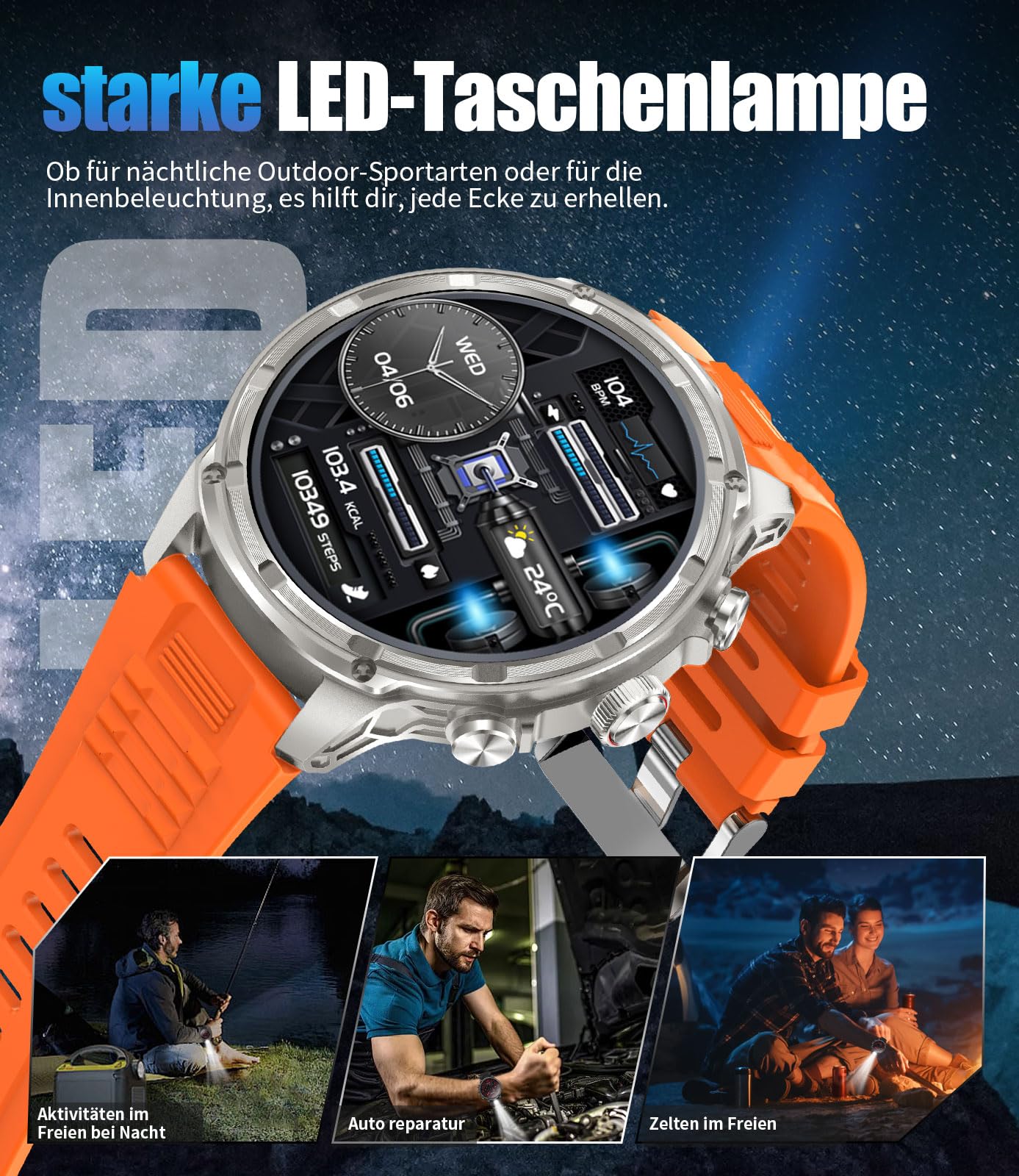 LIGE Smartwatch męski z latarką LED, duży wyświetlacz HD 1,85", akumulator 710 mAh, zegarek sportowy z funkcją telefonu, 100+ trybów sportowych, zegarek fitness, 24/7 tętna/monitor snu, do systemu