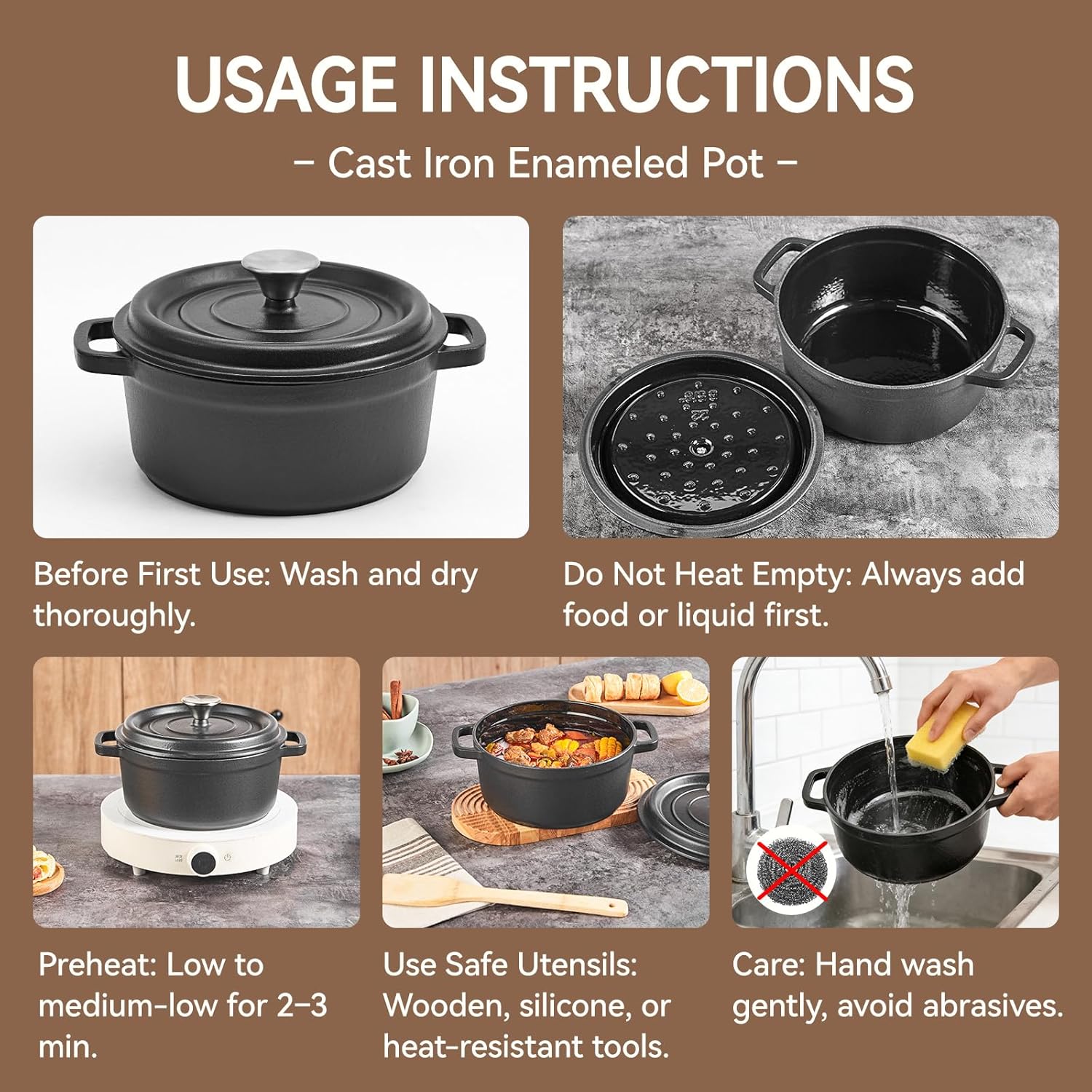 Enameled Cast Iron Dutch Oven with Lid, 3.3 QT Round Dutch Oven Pot, Matte Black, Oven Safe to 500°F, Dual Handles, for Braising, Baking, Soup & Stew, Works on Induction, Gas & Electric