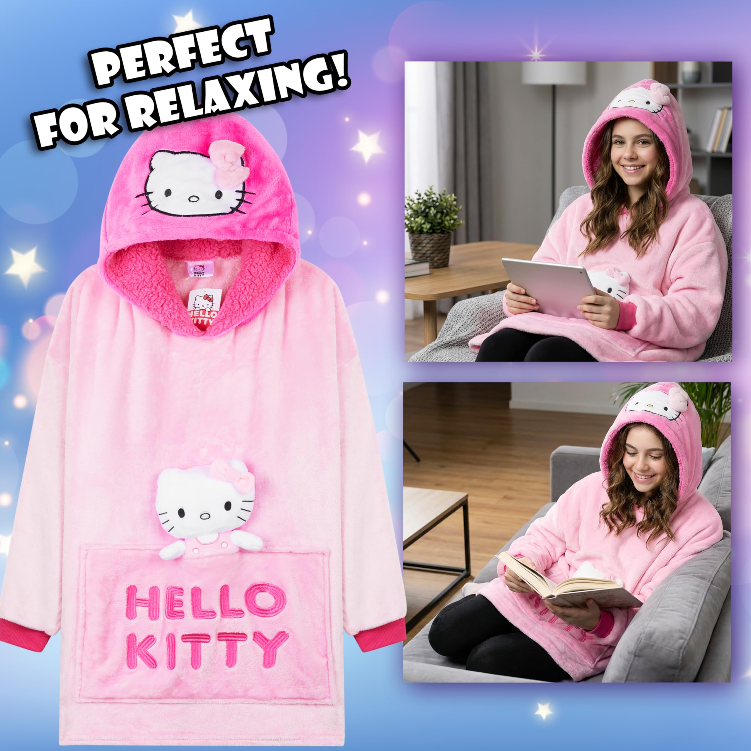 Hello Kitty Sanrio Koc Bluza z Kapturem dla Dziewcząt i Nastolatek Kawaii Oversize z Frędzlami, Przenośny Koc z Pluszowym Wypełnieniem, Odzież do Domu, Prezent Anime, różowy, Rozmiar uniwersalny