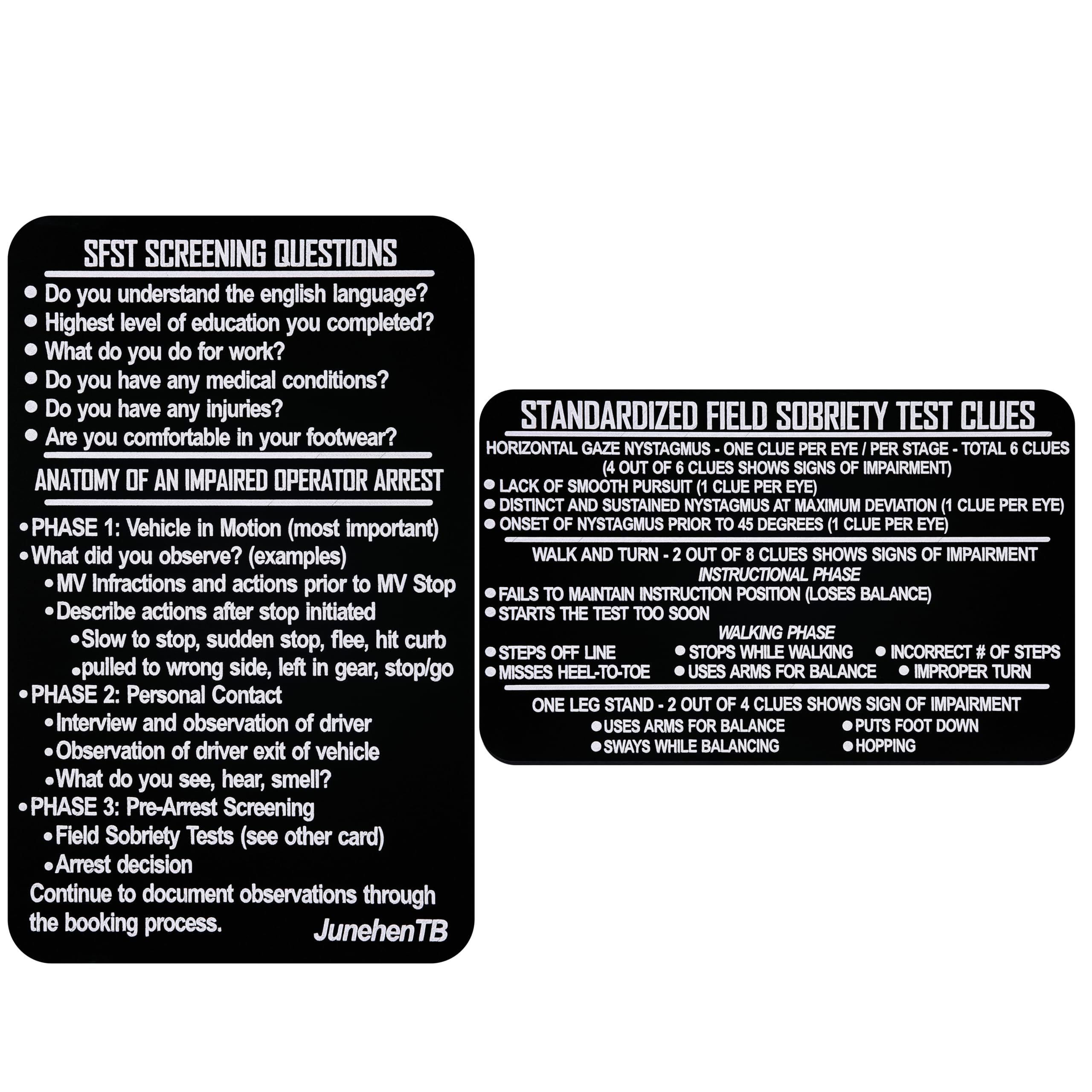 OUI Clue Reference Card, Black Metal Bend-Resistant SFST Thick Card Standardized Field Sobriety Test, SFST Instruction with Clues, Great Idea Gift for Police Law Enforcement Officers (BR-OUI-SFST-BLK