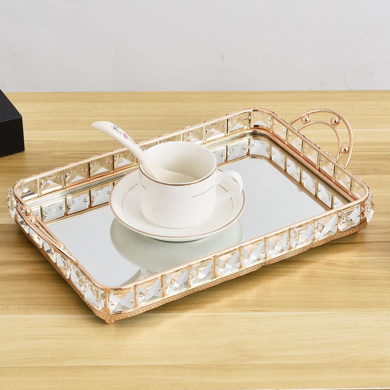 Yajuyi Bandeja Espejo Cristal Maquillaje Accesorios Joyas Organizador Metal con Base de Espejo Y Diseño Exclusivo Indicada para Baño Dormitorio Sala Oficina