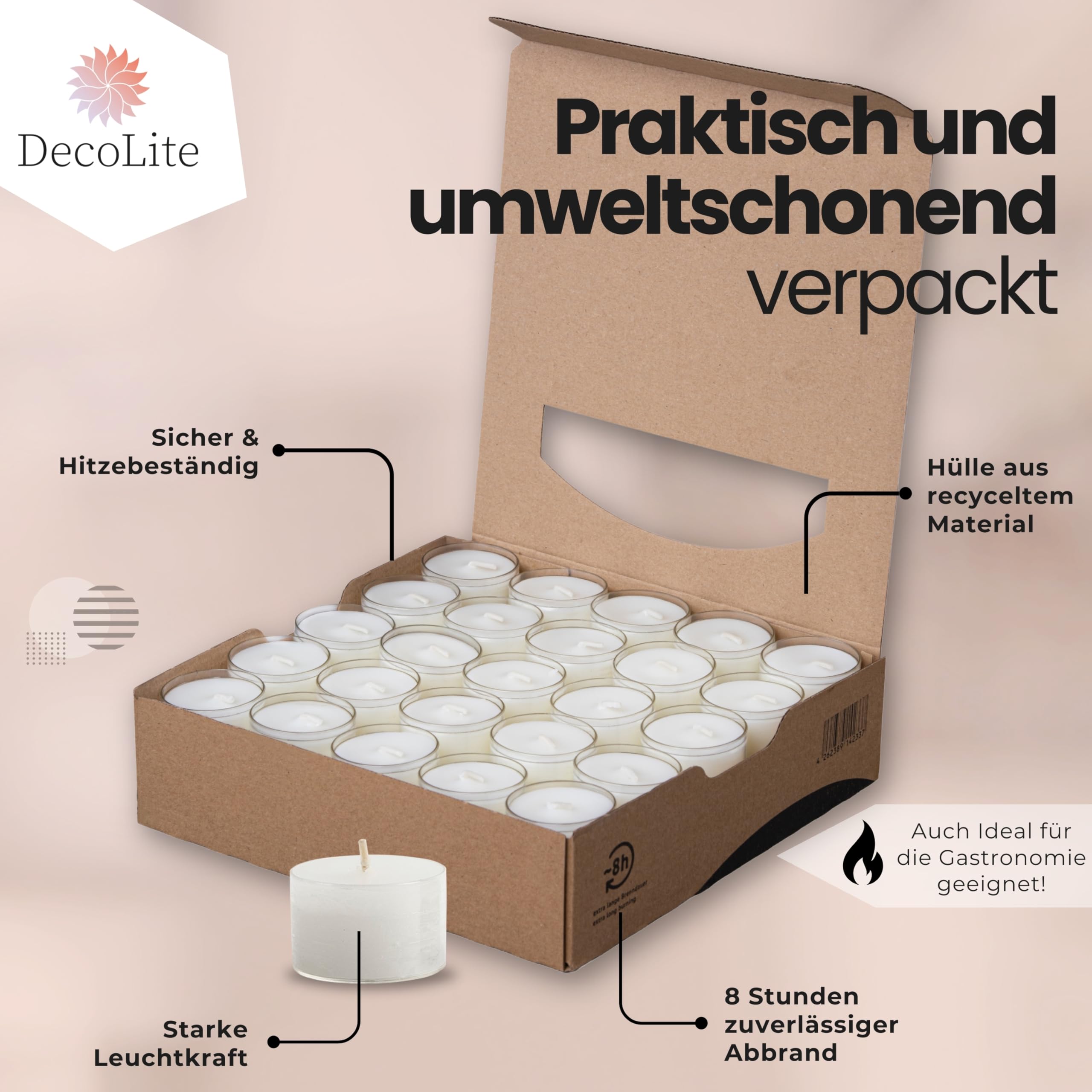 Teelichter 8h Brenndauer, transparente Hülle, 150 Stück