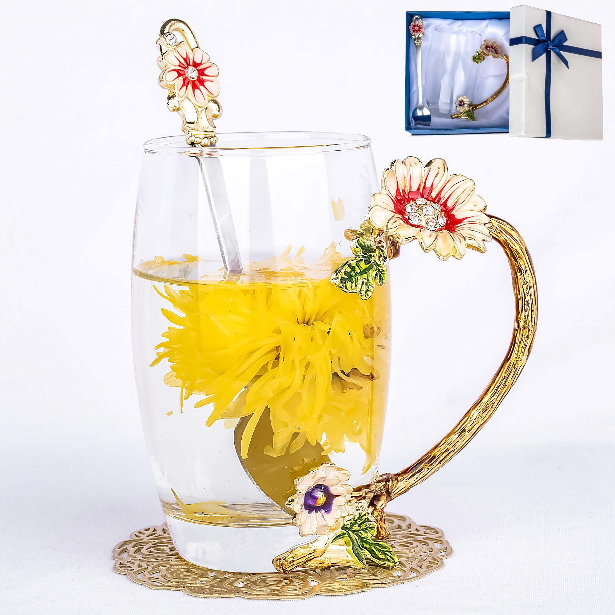 Flower Tea Cup,Butterfly Daisy Glass Fancy Coffee Mug with Spoon,Gift Box for Her Mom Wife Grandma Girls Friends Valentines Christmas Birthday Present Idea for Juice,Hot/Cold Drinks Use (purple)