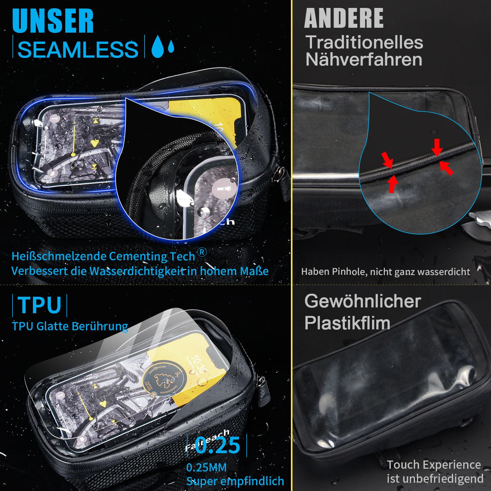 Fahrradtasche Rahmen Schnellverschluss, Fahrrad Rahmentasche Wasserdicht mit Große Kapazität Handytasche Fahrrad mit 0.25mm Touchscreen, Face ID für Smartphones 5,5-7 Zoll