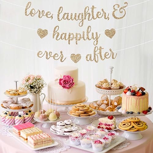 Miniatura 8 de Cartel preencordado con texto en inglés "Love Laughter & Happily Ever After", NO DIY, pancarta dorada para despedida de soltera o fiesta nupcial,