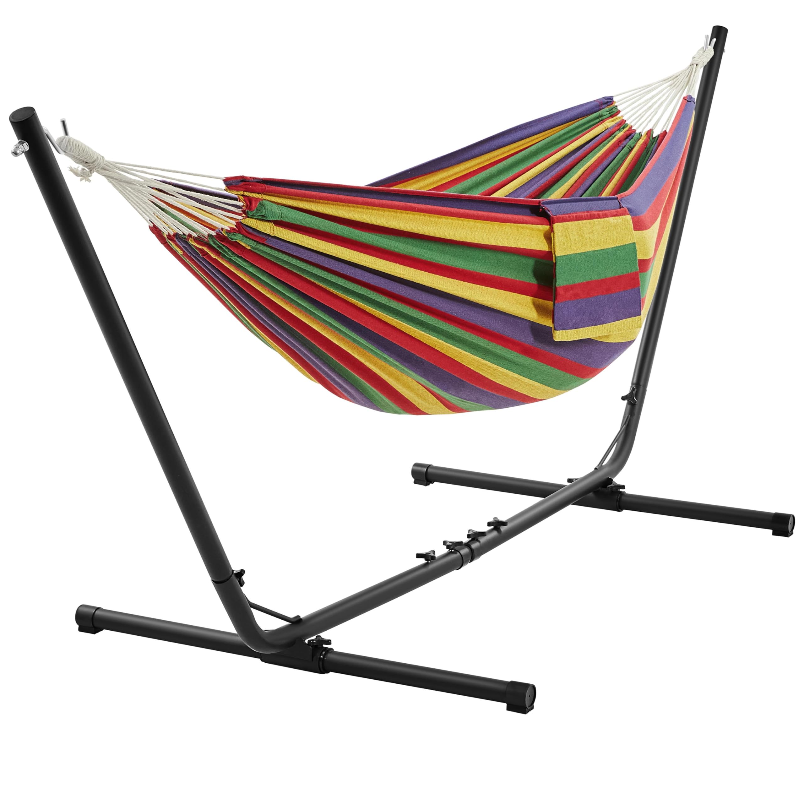 Abician Hamac Double avec Support Hamac sur Pied Longueur Réglable avec Sac de Transport Charge Max. 205 kg pour Jardin Terrasse Plage Salon Rayures Bleu-Vert