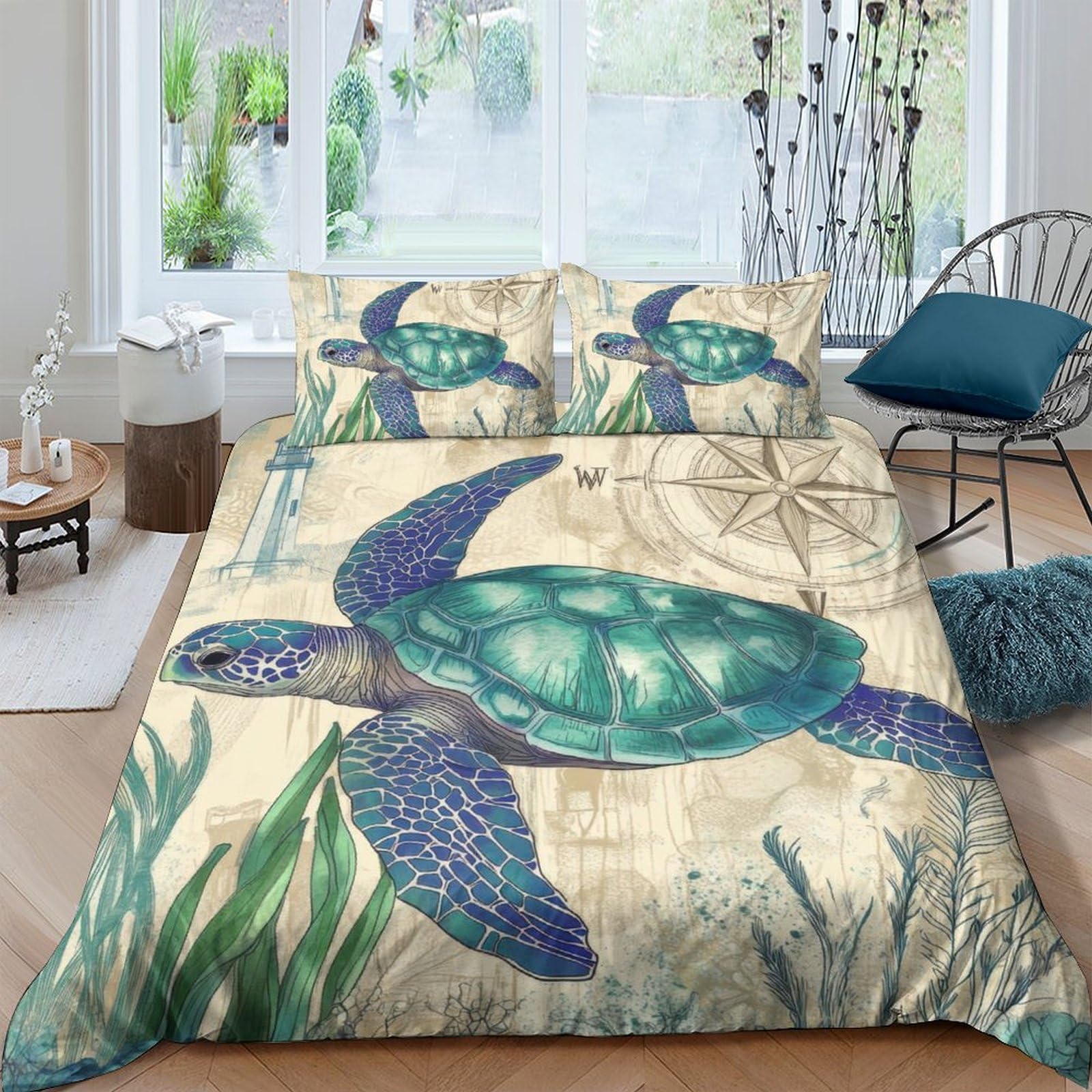GPLZQXKJNH 3D Printed Sea Turtle Duvet Cover Microfiber Soft Breathable Ocean Map Bedding Set with 2 Pillowcases for Bedroom Decor Single（135x200cm）