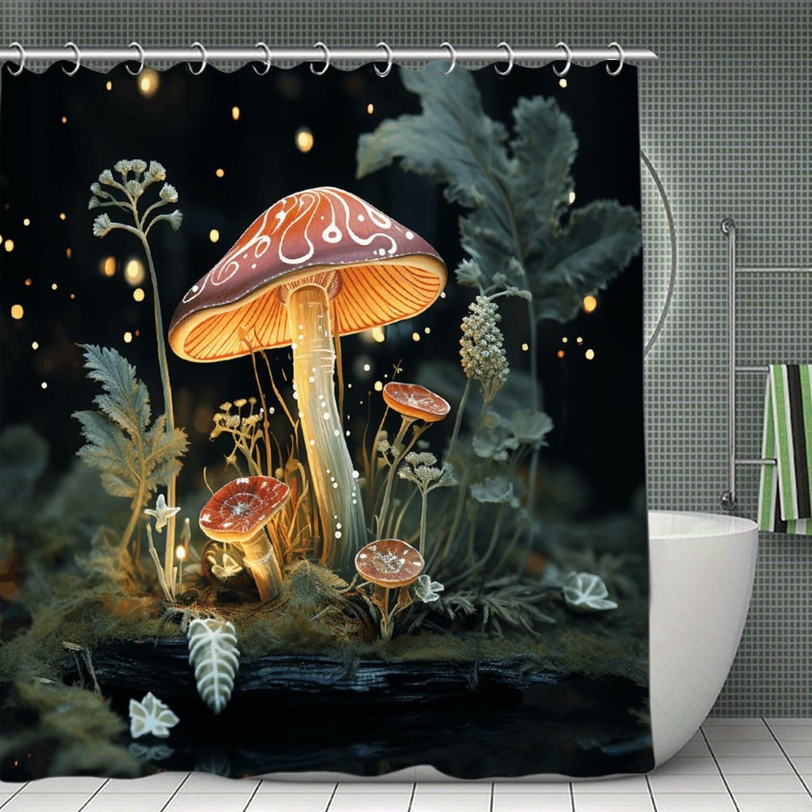 VstaDank Butterfly Mushroom Bath Curtain Elegant Heavy Duty Shower Curtains 70x70 in Rustic Farmhouse Cloth Shower Curtains Neutral Modern Bath Curtain for Bathroom
