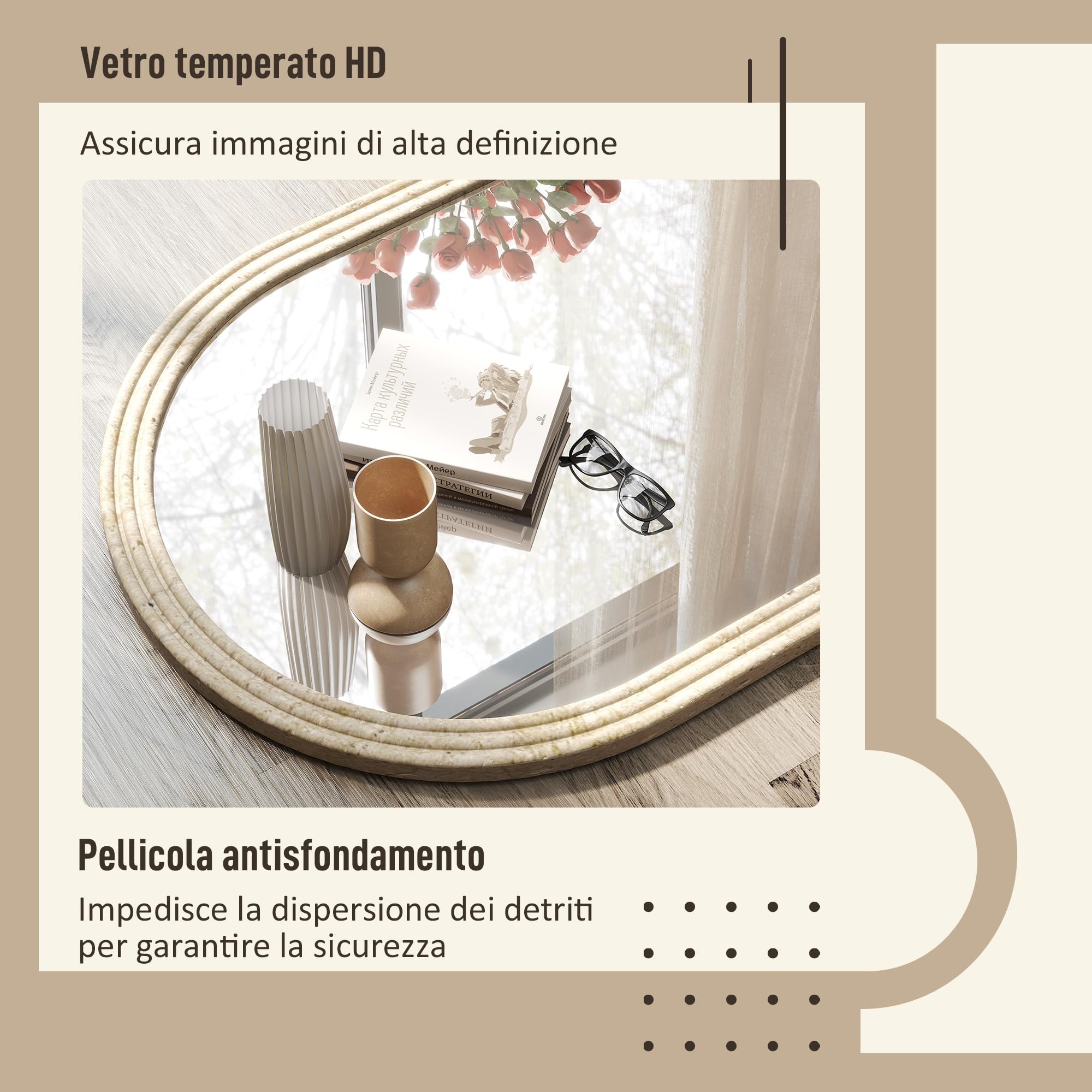 HOMCOM Specchio Design ad Arco con Bordo Scanalato e Ganci, Specchio a Muro in Vetro e Polistirene, 60x2x90 cm, Beige