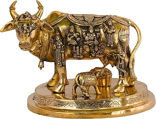 Estatua de latón de vaca y ternero para la oficina en casa, templo Puja/Pooja, decoración de arte de artesanía coleccionable, amarillo, 8 x 6 x 5.2