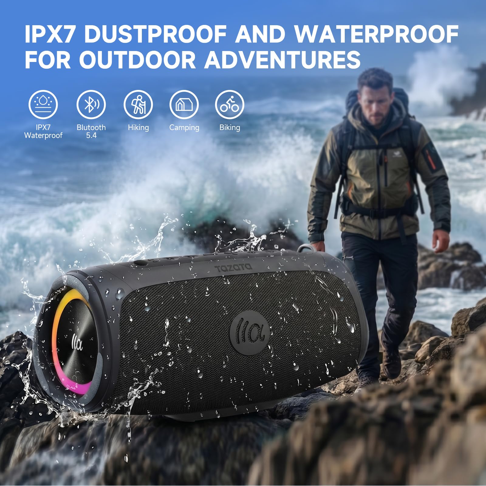 TAZATA Altoparlante Bluetooth portatile per esterni, subwoofer da 90 W, 100 + accoppiamento altoparlanti, BassUp 2.0, impermeabile IPX7, galleggiante, Bluetooth 5.3, luci RGB, 6 equalizzatori