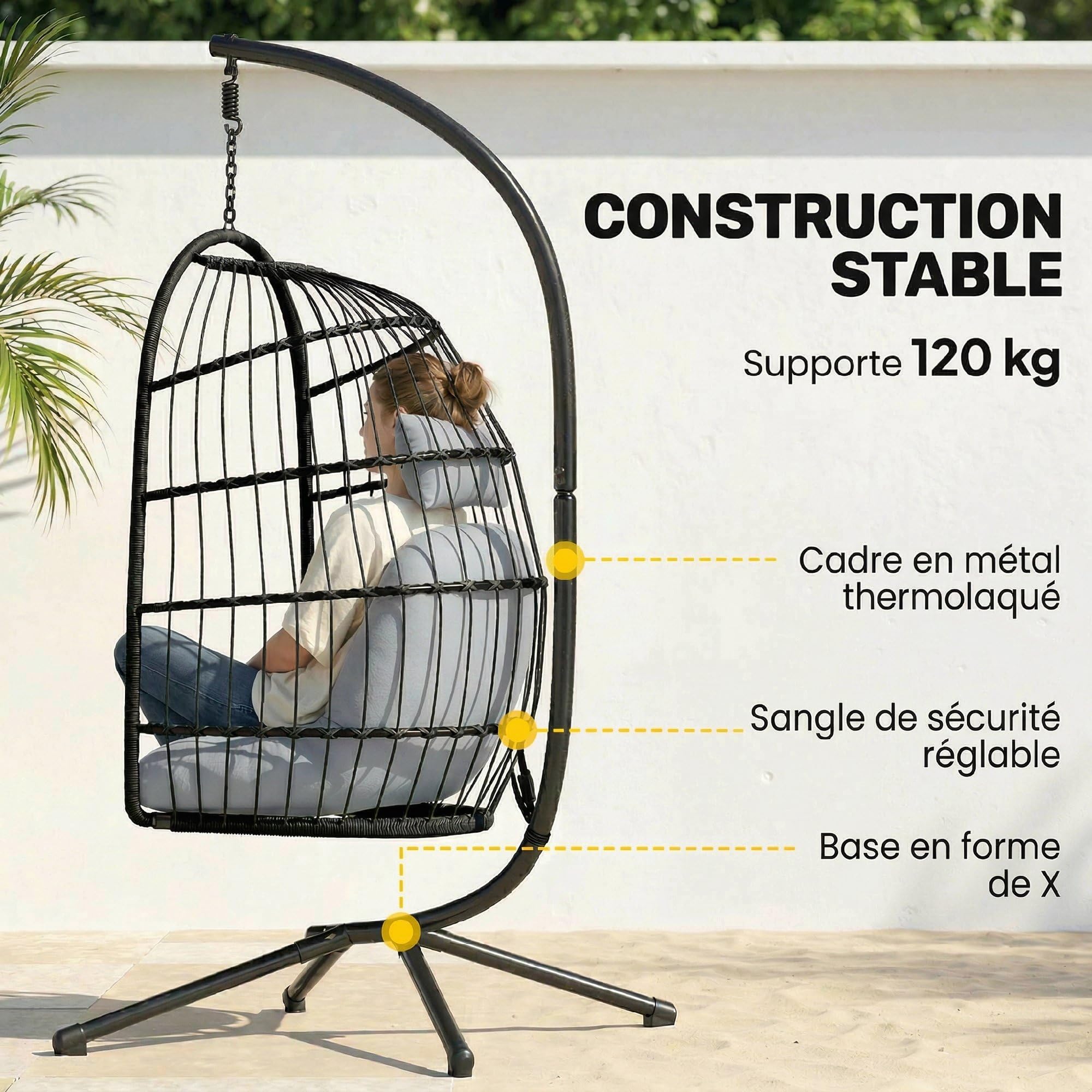 Outsunny Fauteuil Œuf Suspendu Pliable avec Support - Balançoire de Jardin avec Coussin 15cm et Appui-tête - Chaise Suspendue Intérieure et Extérieure, Nacelle Pliable Gain de Place, Noir et Gris