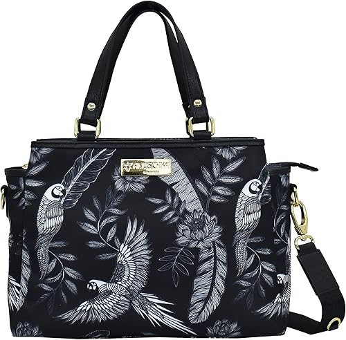 Anuschka Bolso multicompartimiento - Colección Wanderlust - Tela de nailon con ribete de cuero genuino e impresión de ilustraciones