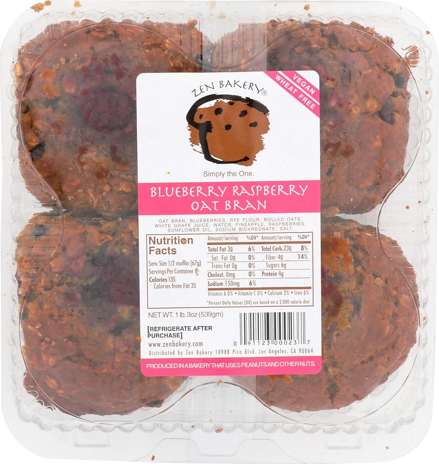 Zen Bakery, Blueberry Raspberry Oat Bran Muffins, 19 oz, 4