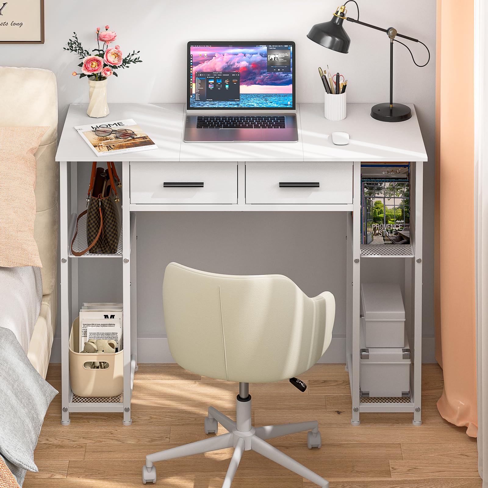 DAOUTIME White Computer Desk with Drawers, front view