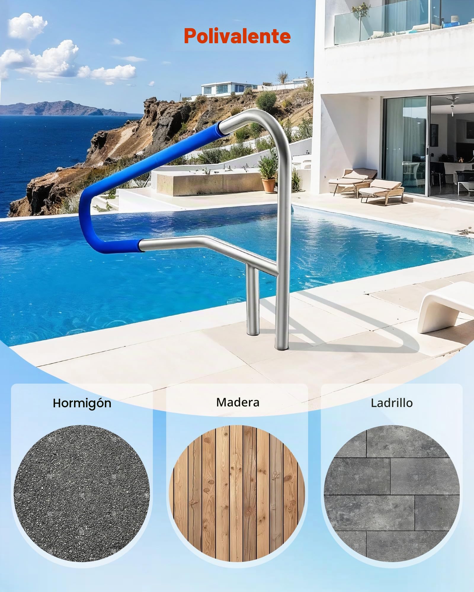 VEVOR Barandilla para Piscina, Capacidad de Carga 100 kg, Acero Inoxidable 304, Funda Antideslizante Extraíble, Montaje Empotrado o en Suelo, para Piscinas y Parques Acuáticos, 1371 x 48 x 813 mm