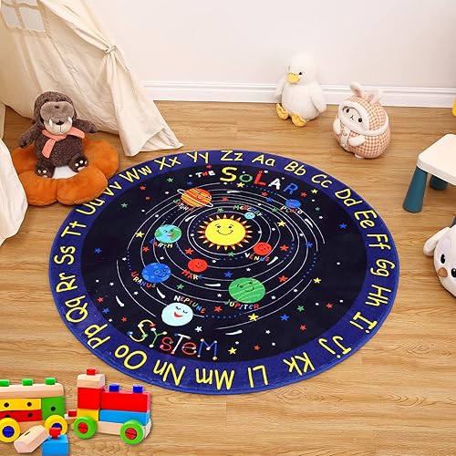 Miniatura 1 de Alfombra redonda de 4 pies para niños, sistema solar, galaxia, sistema solar, alfombra de aprendizaje educativa, antideslizante, suave, alfombra de