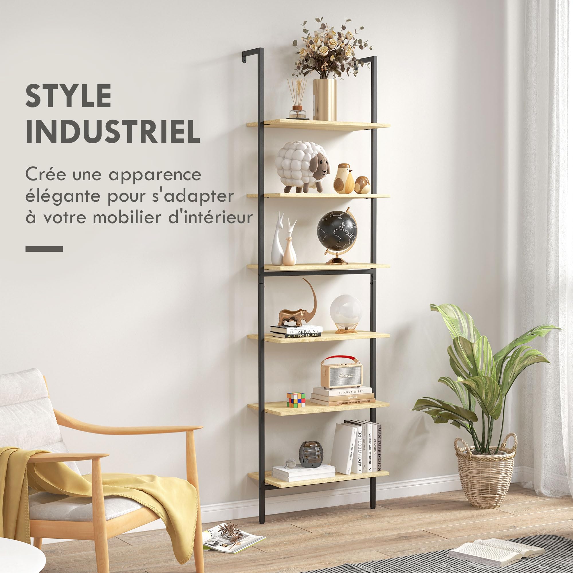 HOMCOM Scaffale scala da parete libreria scaffale portaoggetti stile industriale 6 ripiani in acciaio nero effetto legno naturale - dim. 60L x 30L x 206H cm