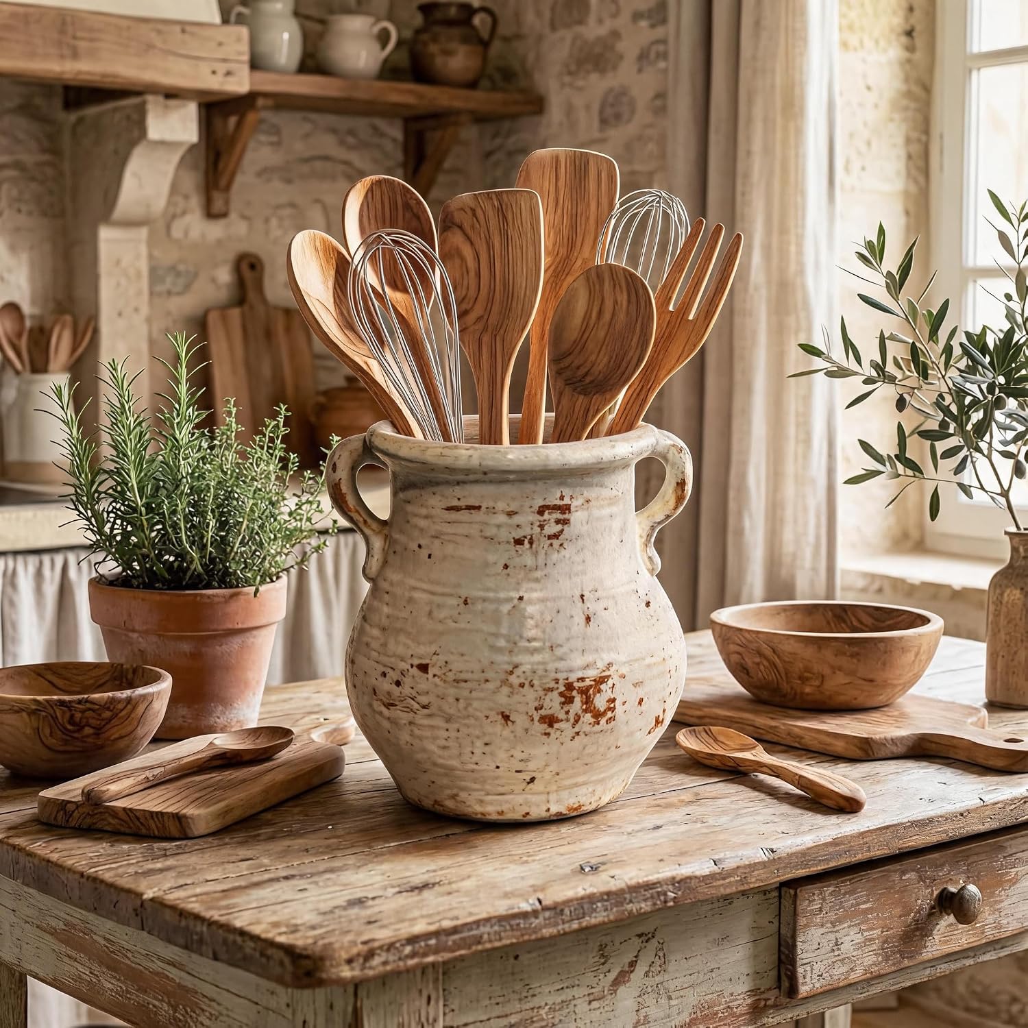Ceramic Utensil Holder, Farmhouse Crock for Kitchen Countertop