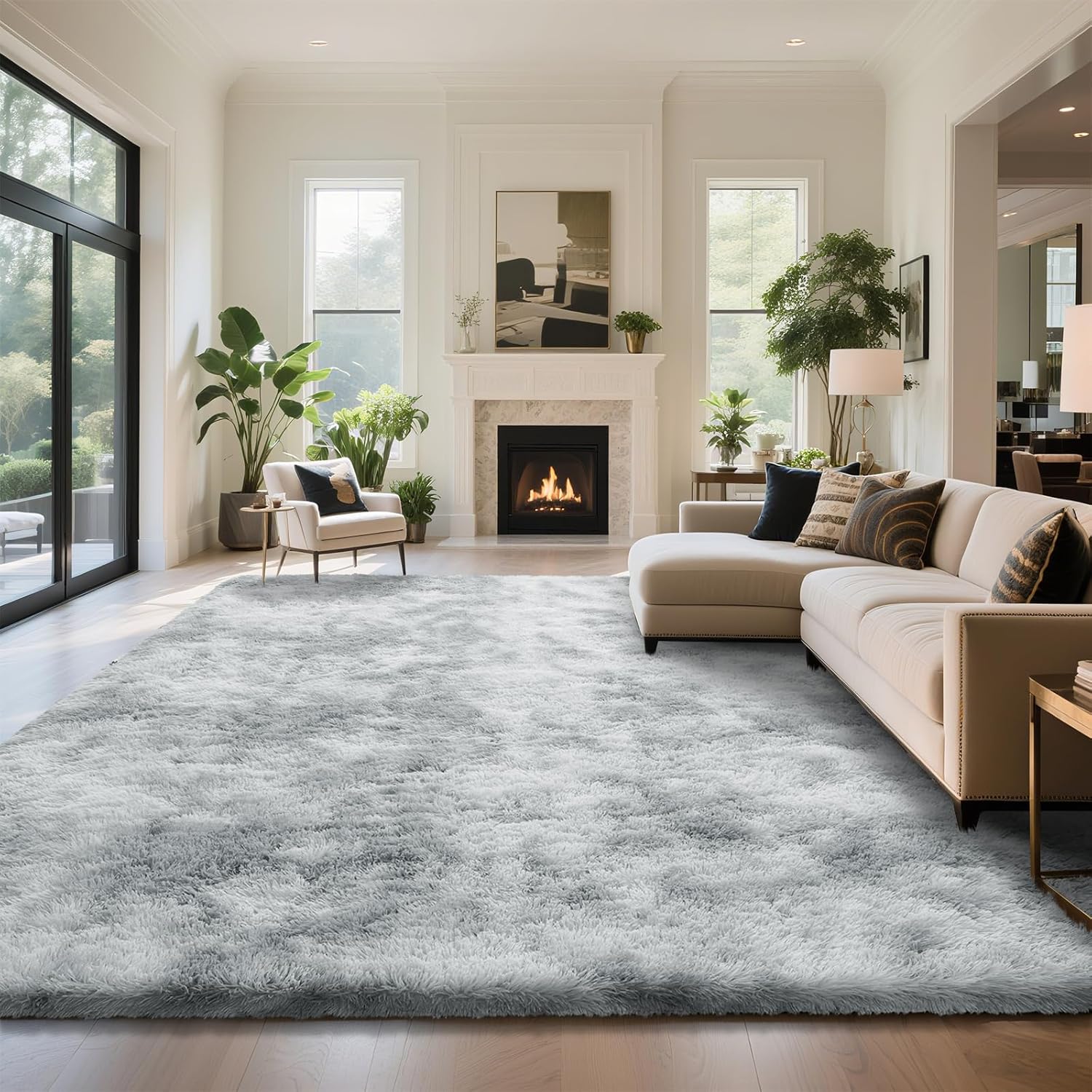 Grey Fluffy Rug Shaggy Area Rug, Mottling Grey Area Rugs for Living Room, Large Shag Area Rugs for Bedroom Kids Room Home Decor, Upgrade Anti-Skid Rectangular Fuzzy Rugs