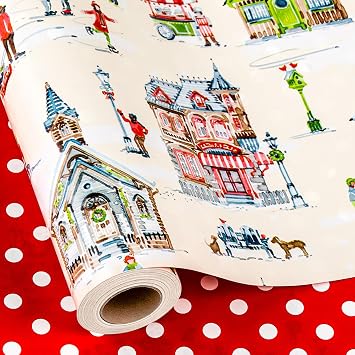 Yarcony Christmas Wrapping Paper, Christmas City Skier Wrapping Paper, Watercolor Blush and Green Paris Apartments Pattern Holiday Gift Wrp for Winter Celebrations, Party Mini Roll, 17Inch x 33Feet