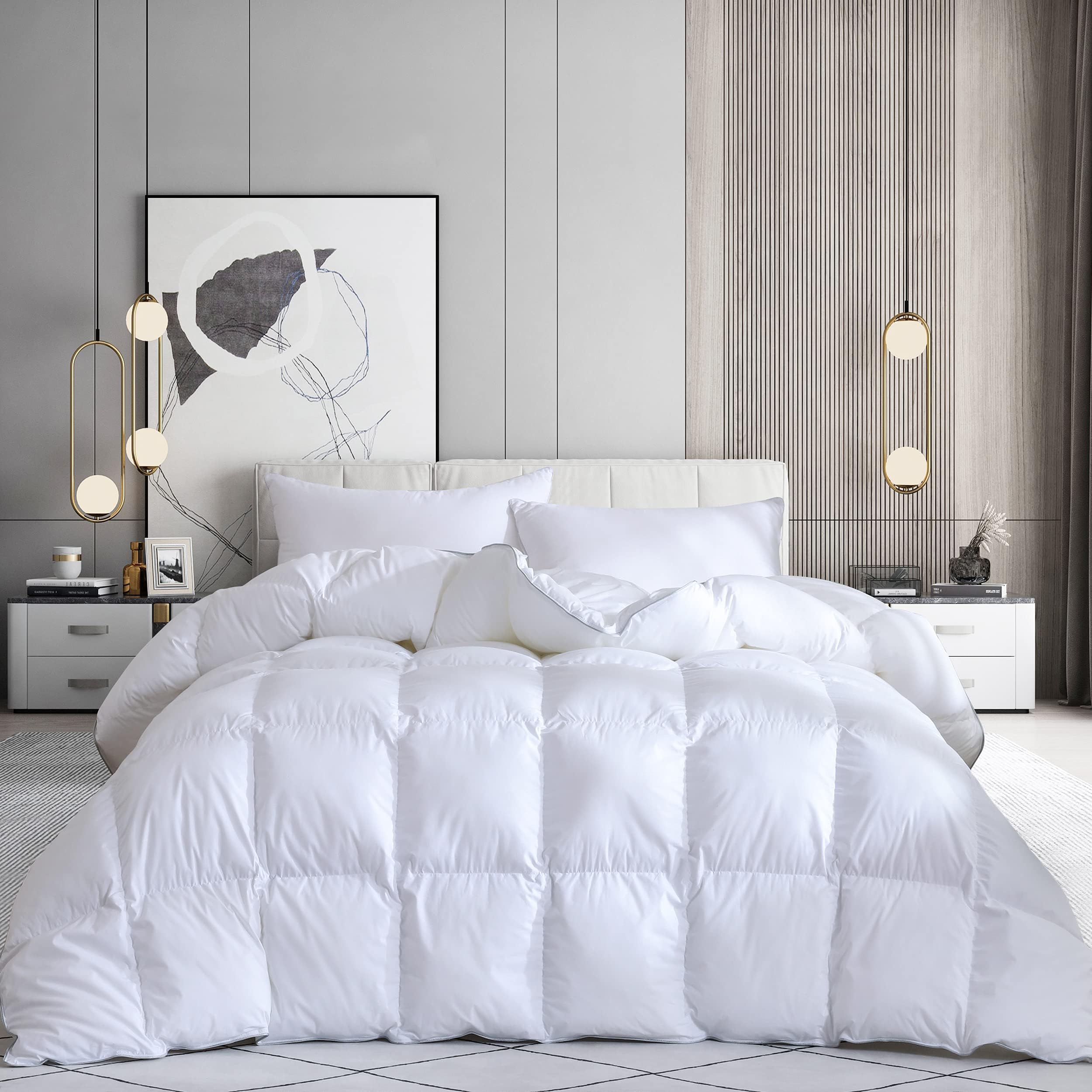 Alanzimo Luxurious Goose Down Comforter Queen Size All Season - Hotel Grade Medium Warmth White Bedding Down Feather Comforter Duvet Insert with Soft Cotton-Poly Cover, Baffle Box, 8 Tabs 90x90