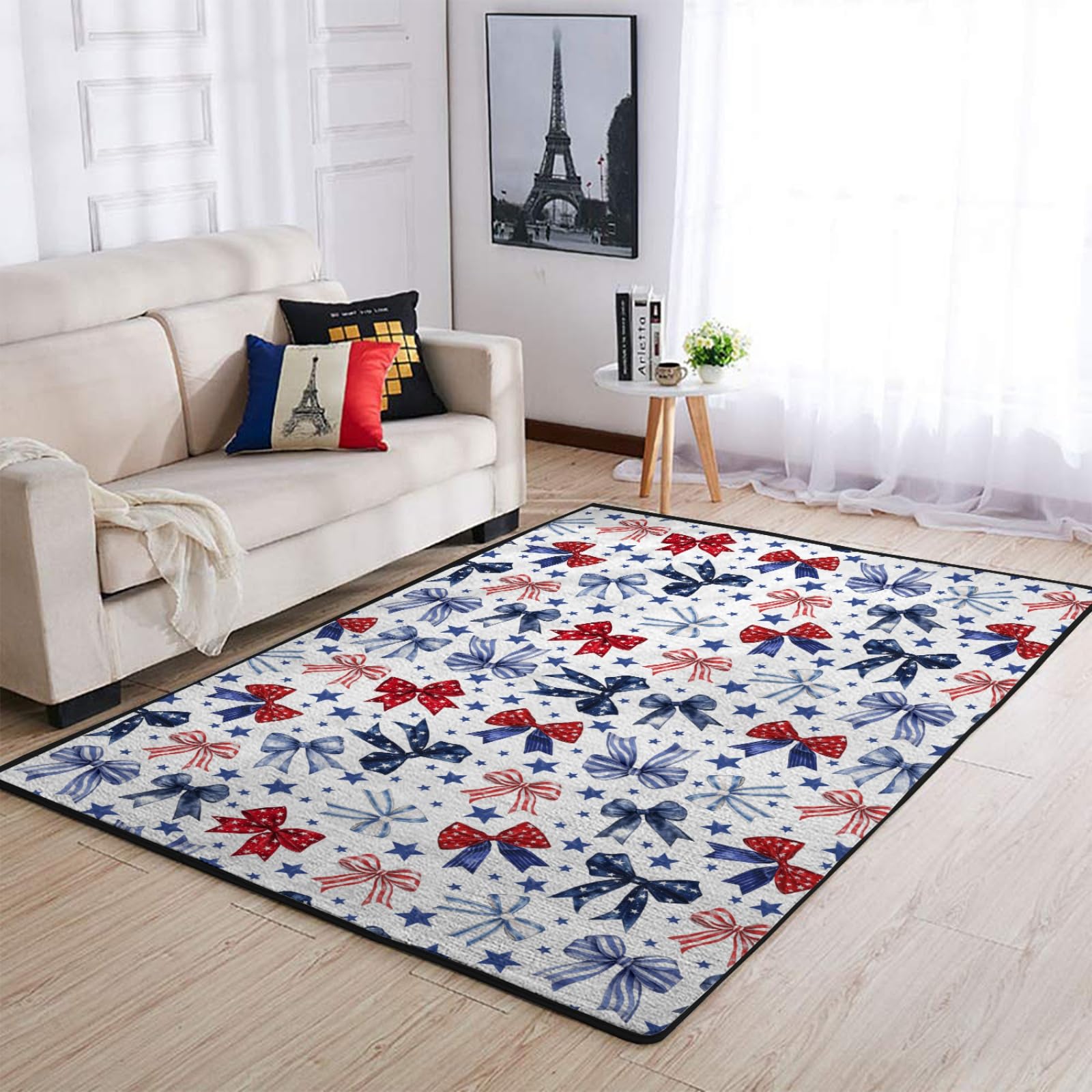 Red White & Blue Bows Nursery Area Rugs for Baby Girl Boy Patriotic Ribbons Stars Kids Floor Mats for Living Room Bedroom Classroom Playroom Cute 4th