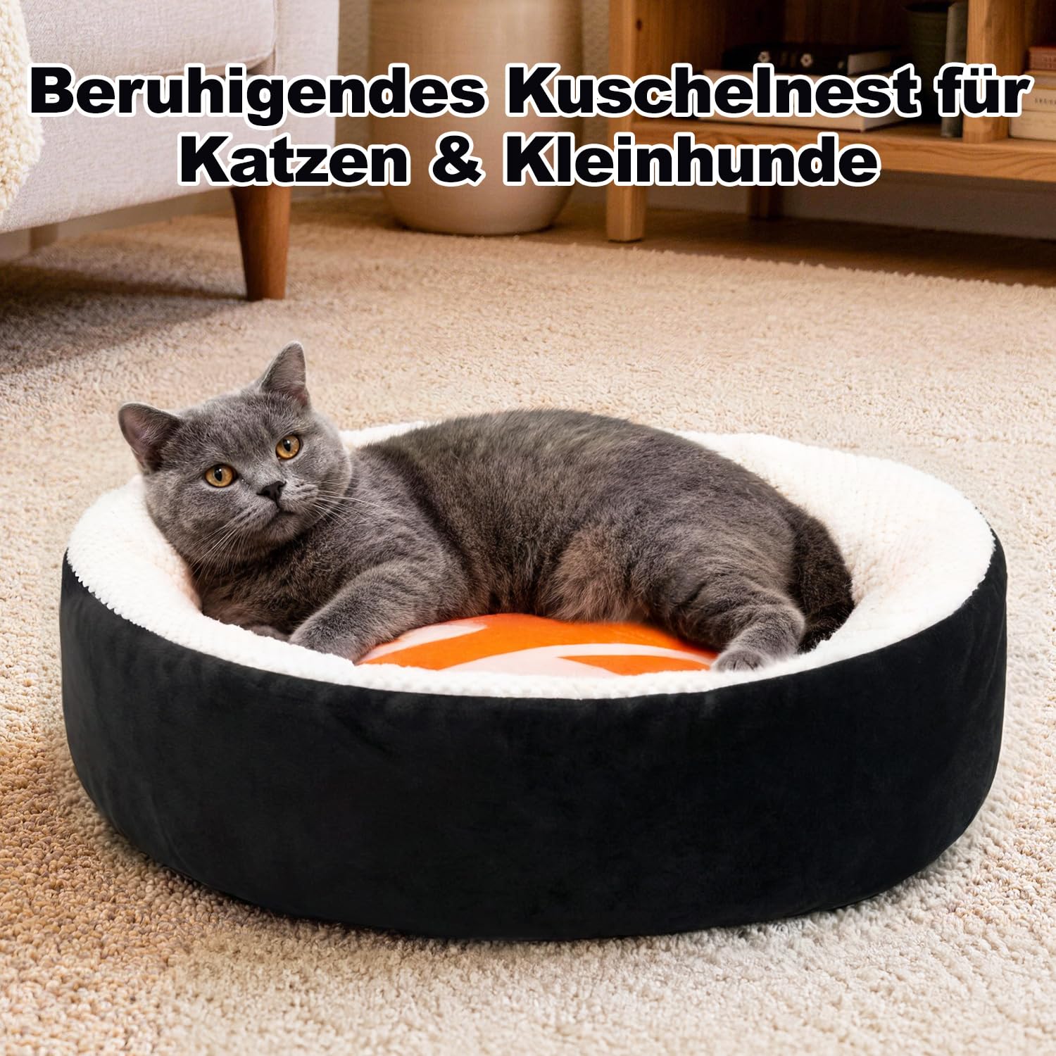 Katzenbett, Hundebett Kleine Hunde, Katzenkissen, 53x53x15cm | Waschbar & Pflegeleicht, Sushi-Korb mit Hohem Rand, Super Flauschig & Weich, Passend für Große Katzen + Kleine Hunde