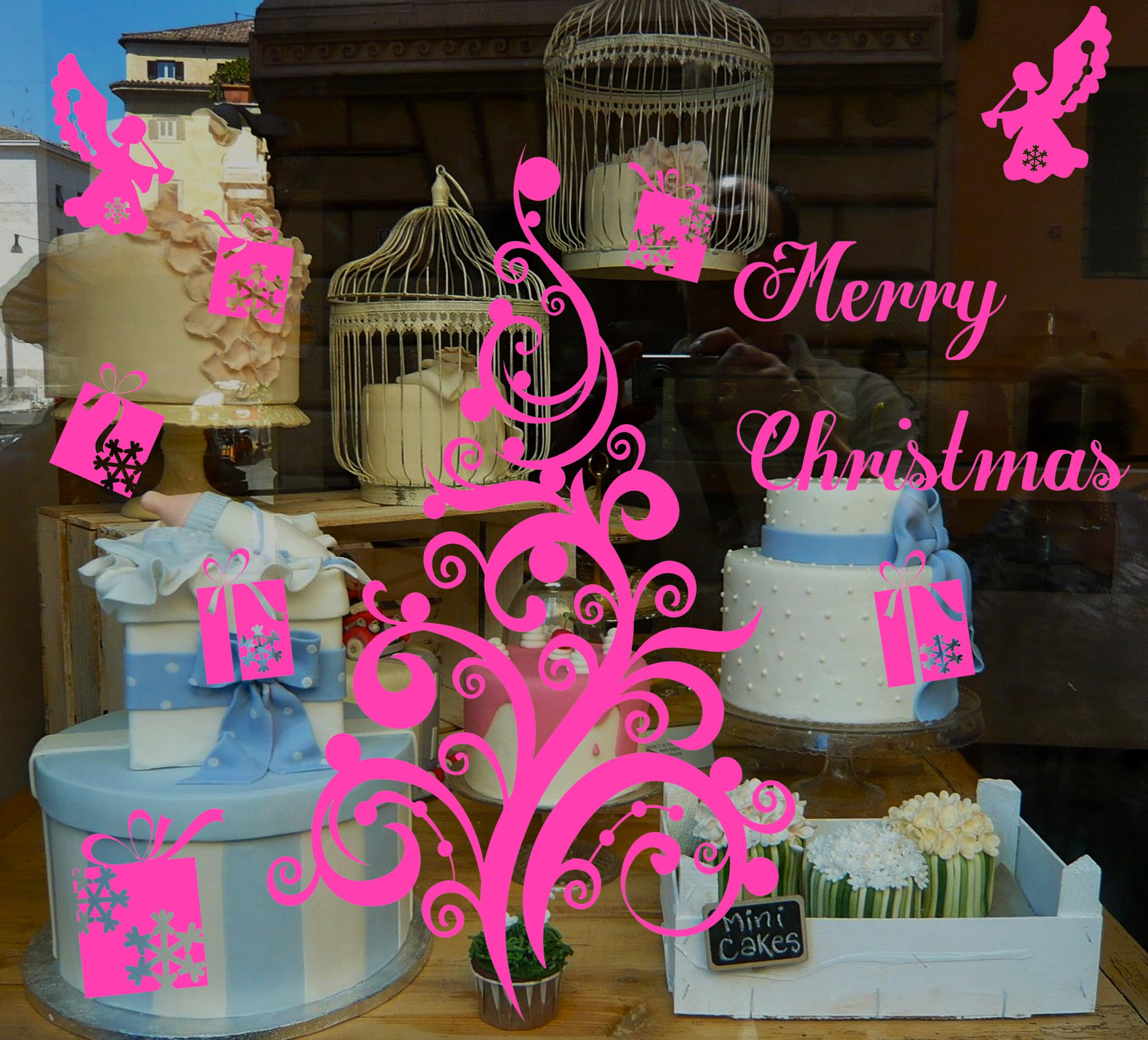 64cm Tall Christmas Tree, Angels & Presents Wall Art Shop Window Decoration Decal, Handmade Crafting Waterproof Vinyl Stickers - Apply on Inside Glass for Outside Viewers - Sky Blue