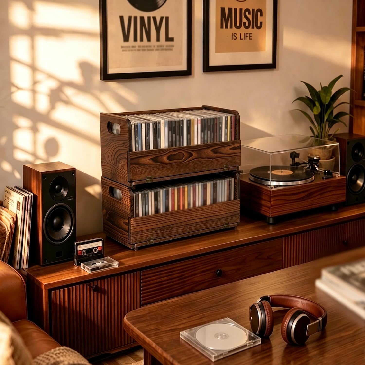 2 Pcs CD Holder, CD Storage Shelf for Display, Wood CD Rack Organizer, Wood CD Tower with Cutout Handles & Magnetic Closure, Holds 70 CDs Total